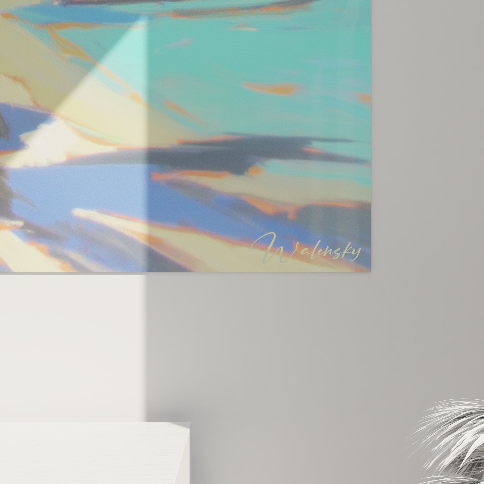 Vue ensemble tableau mural tropical maison refuge bateaux eau cristalline - décoration îles archipels