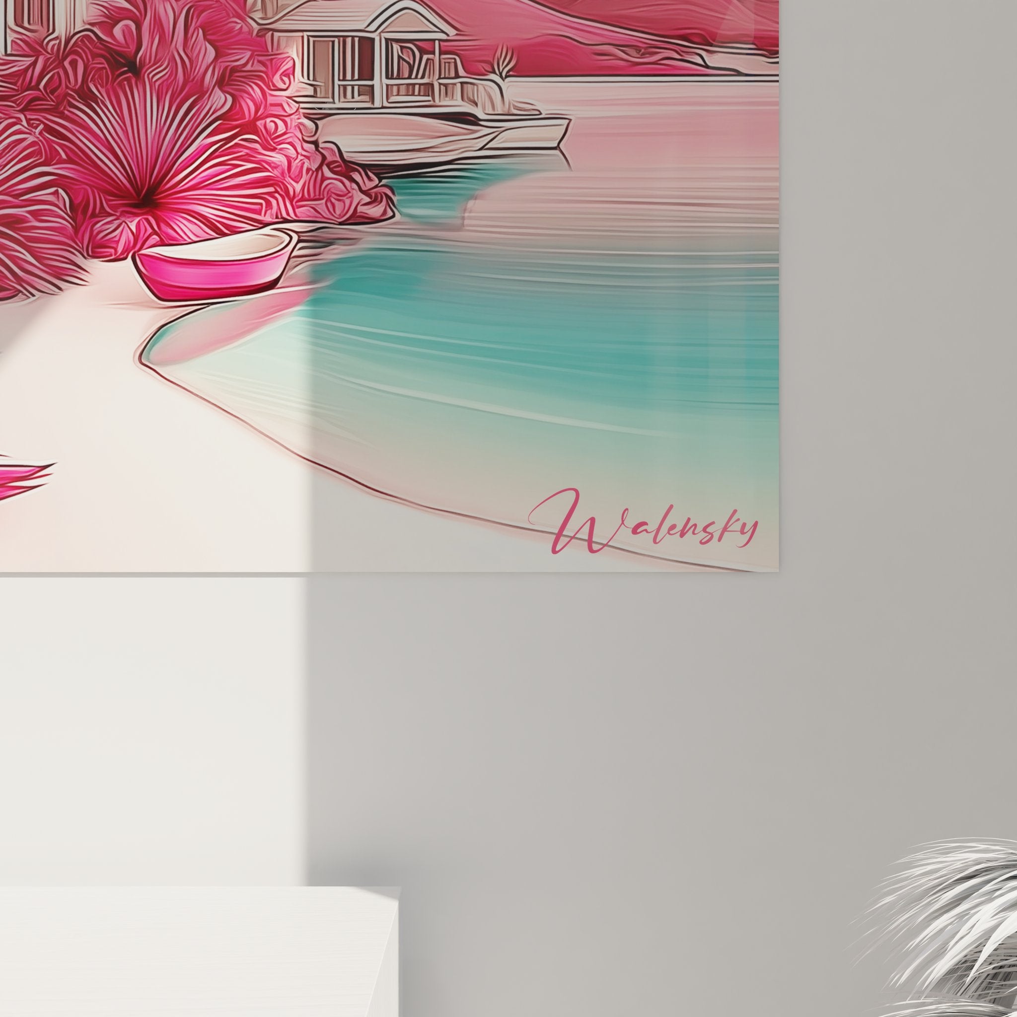 Vue ensemble tableau mural tropical rose avec palmier bungalows et montagne dans salon moderne