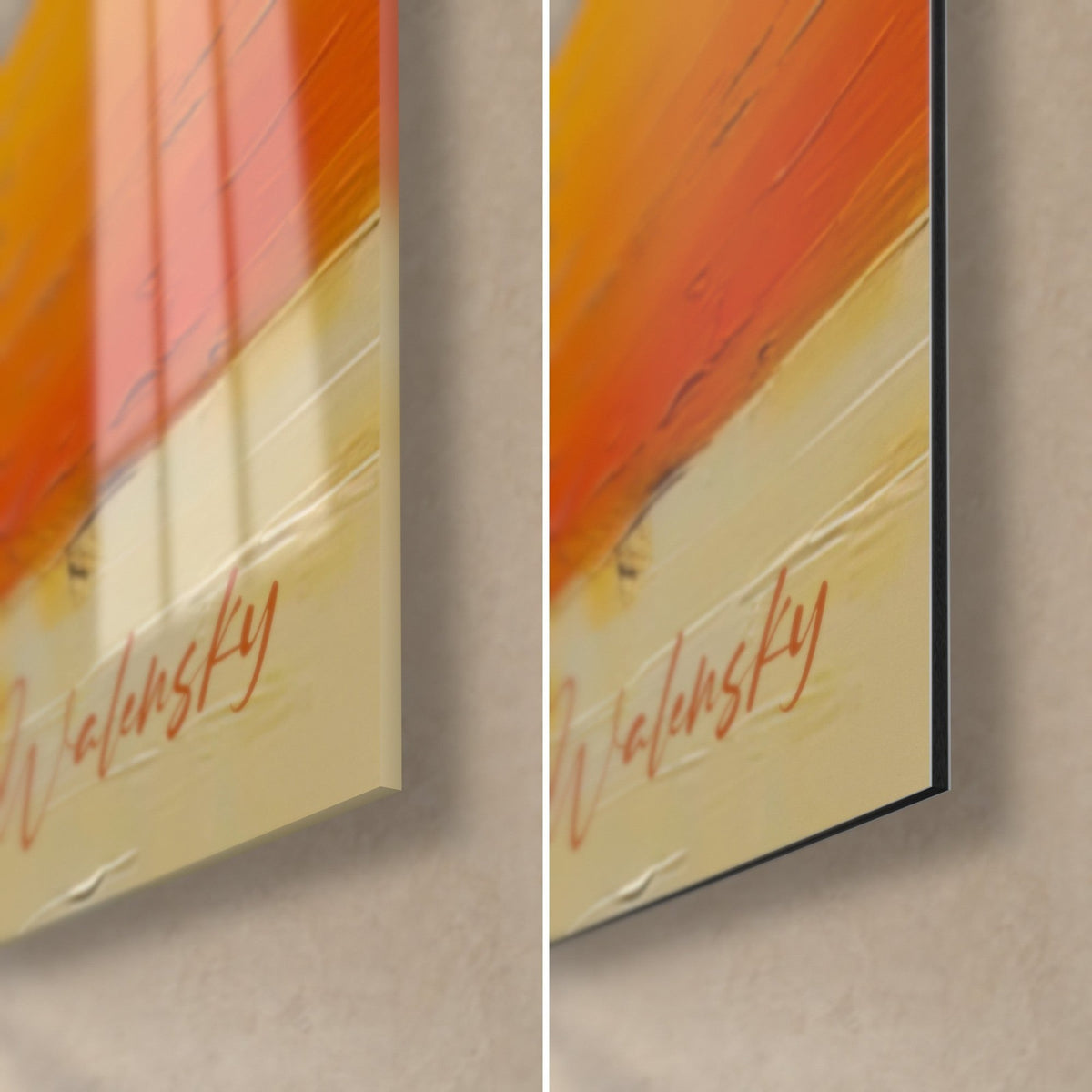Schilderij van een klein stel voor een gele zon, glanzend glas linksonder, mat Dibond rechts, zwarte rand van 3 mm