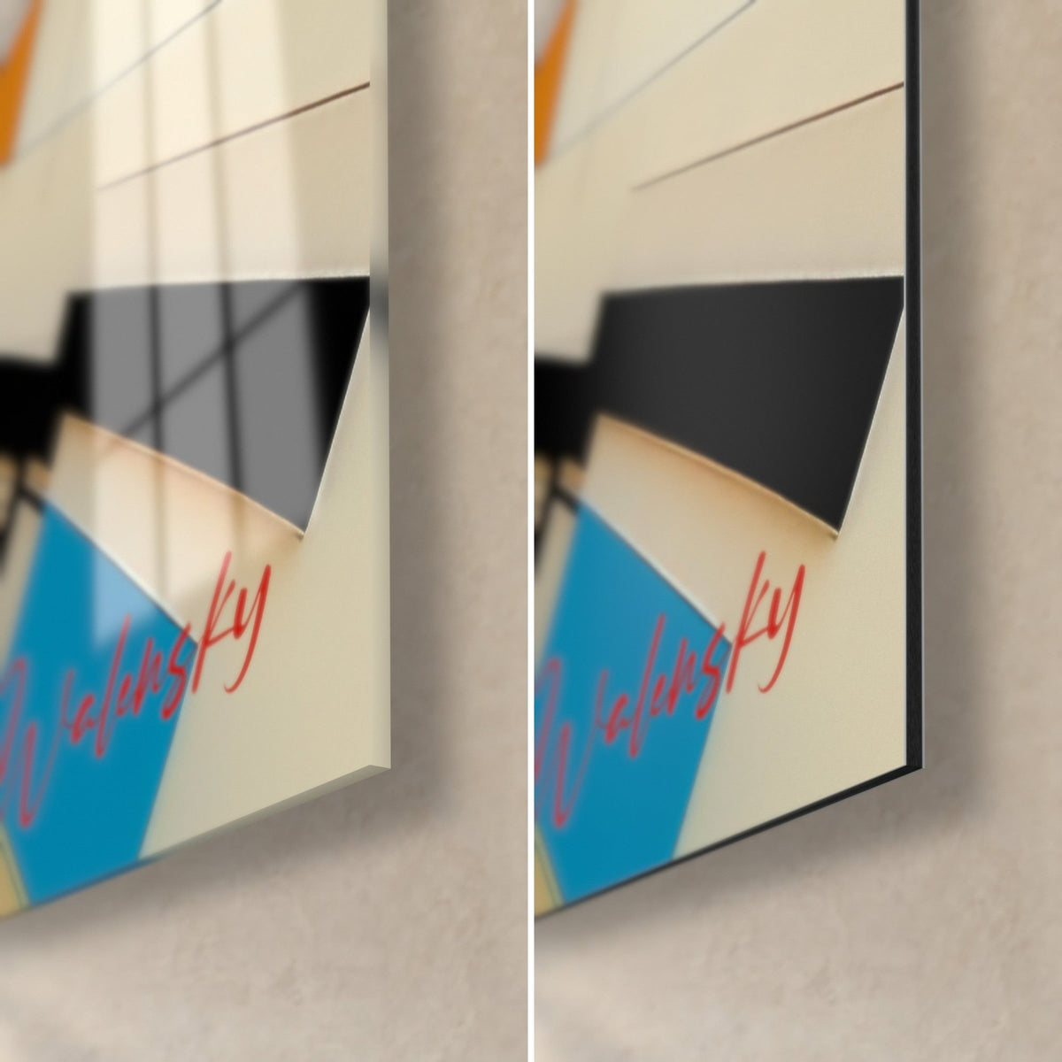 Wall art abstract spiral, Walensky red signature on cream background, turquoise blue corner, glossy glass and matte black Dibond