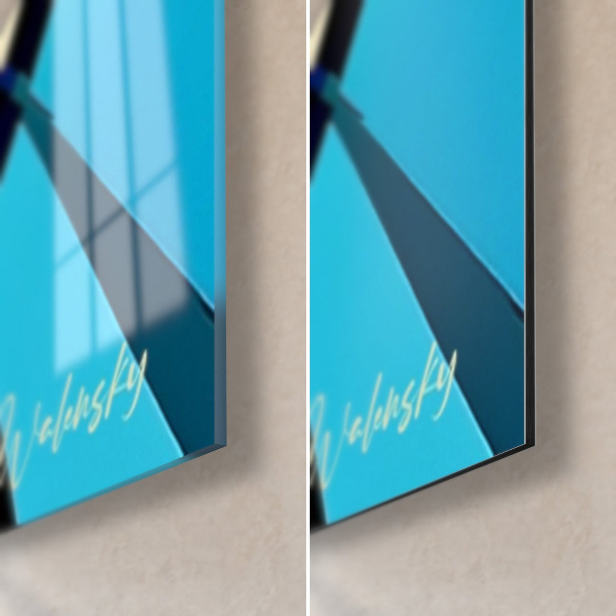 Wall art abstract spiral in turquoise blue and navy stripes, bottom right corner: glossy glass on the left, matte Dibond on the right