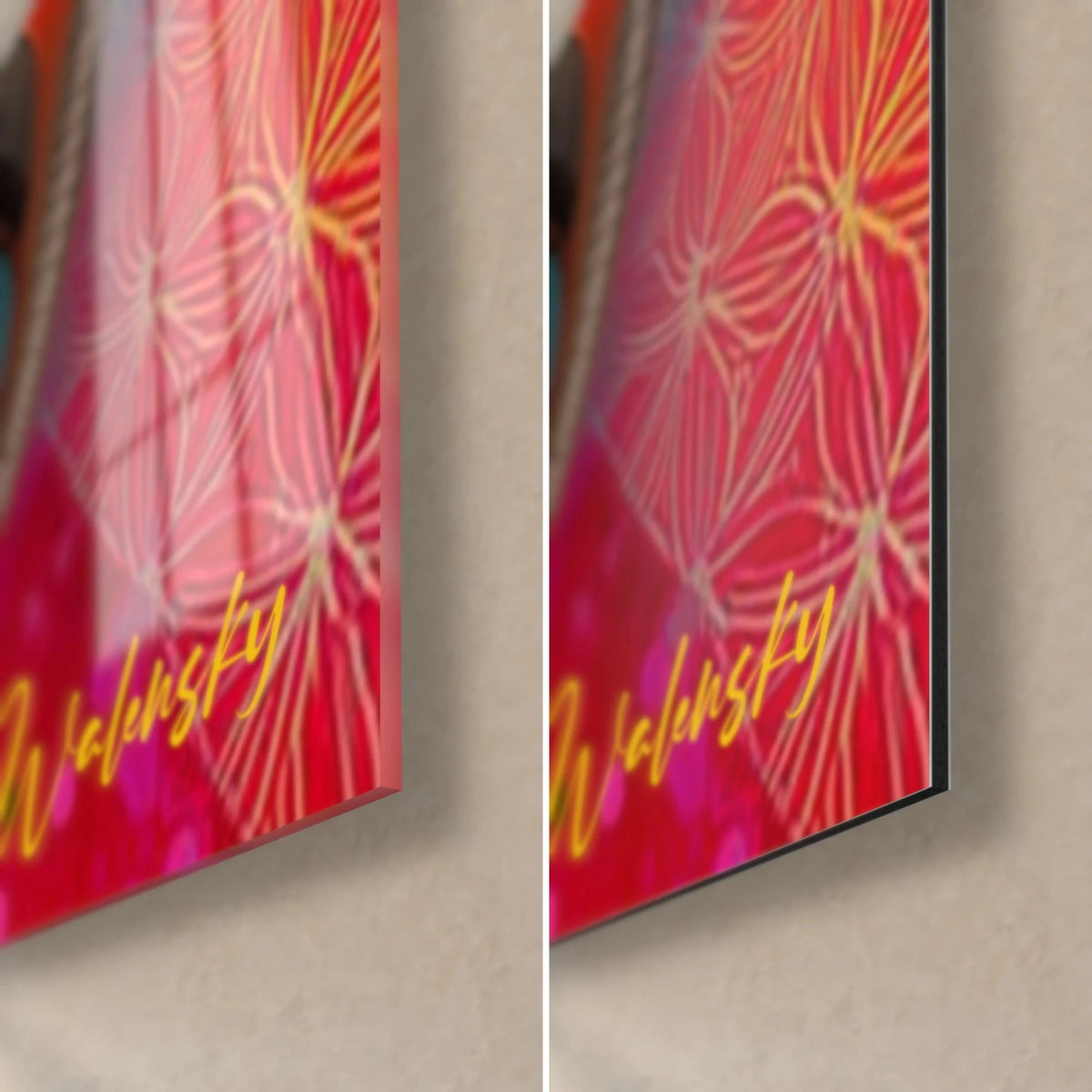 Wall art pop art vulture, bottom right corner: pink and orange motif on glossy acrylic glass on the left, matte black Dibond aluminium on the right