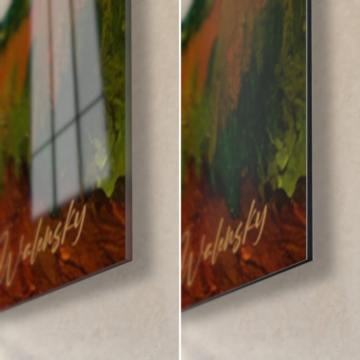Tableau maisons au toit de chaume orange, coin bas droit, verre acrylique brillant à gauche, Dibond mat à droite, tranche de 3 mm