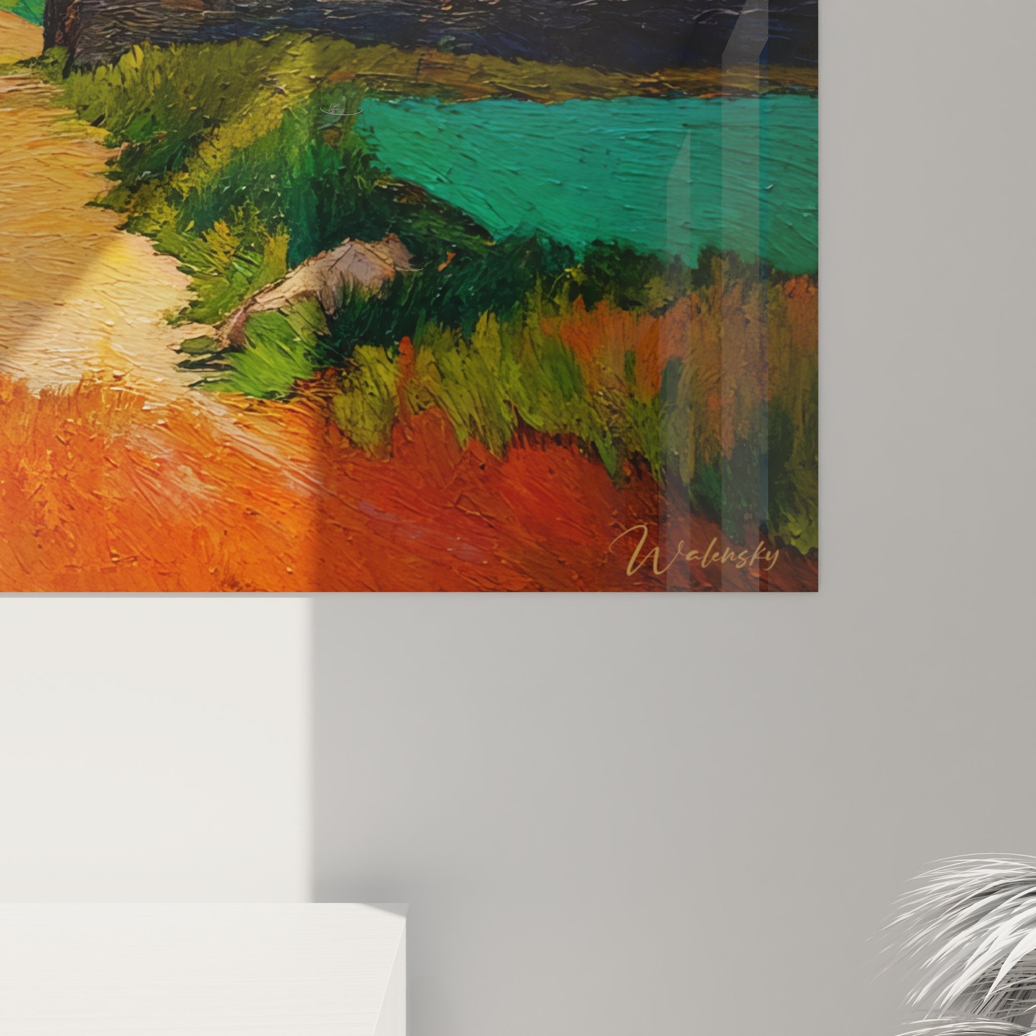 Vue ensemble tableau mural village côtier campagne décoration murale maisons traditionnelles