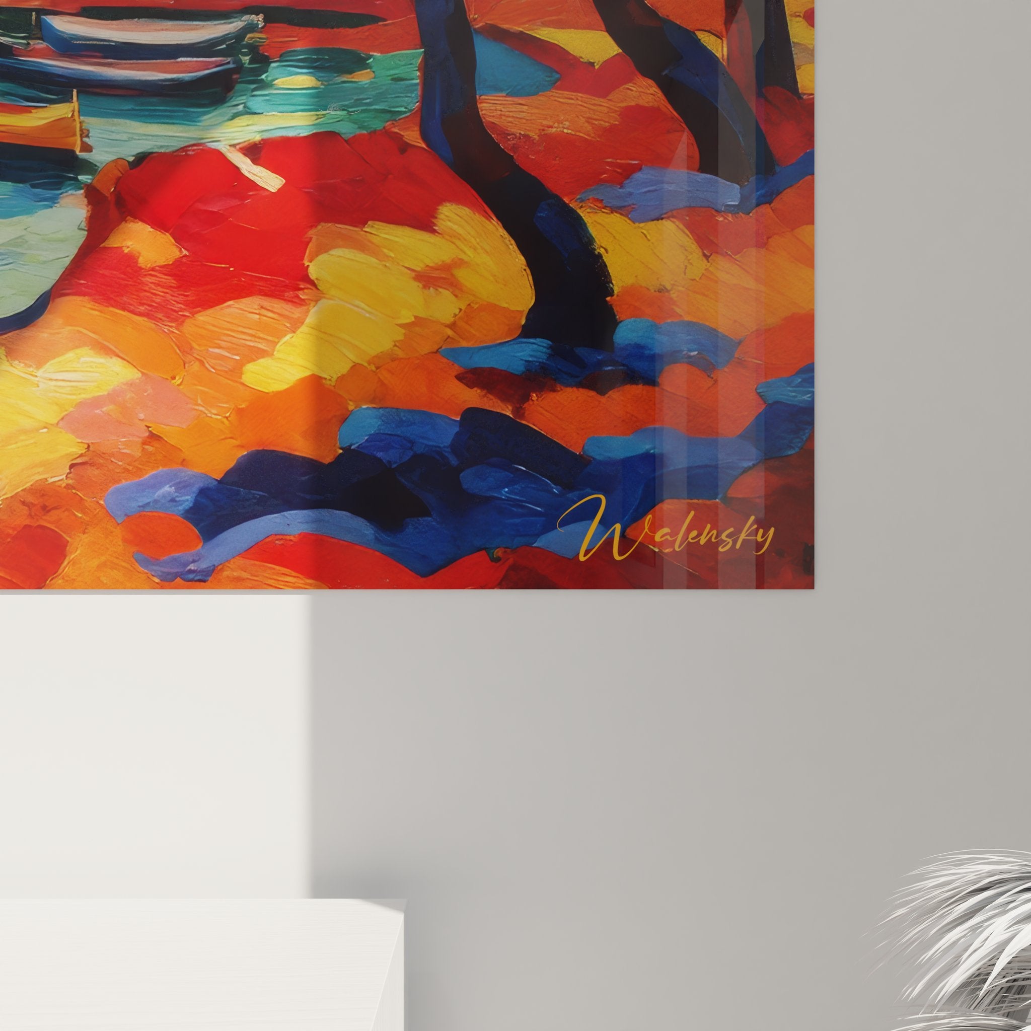 Vue ensemble tableau mural village côtier méditerranéen décoration intérieure style artistique moderne