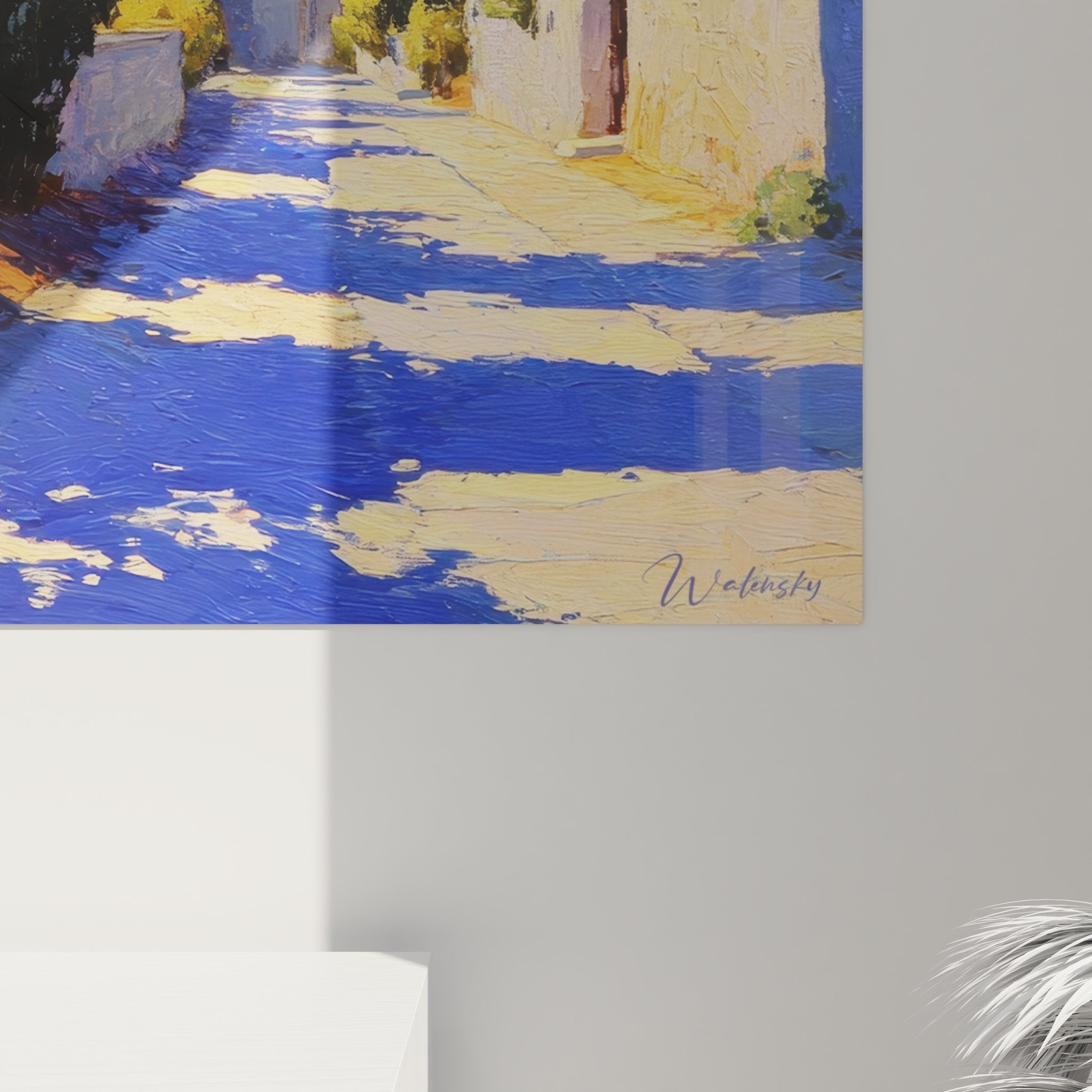 Vue ensemble tableau mural village méditerranéen style campagne avec cyprès et architecture