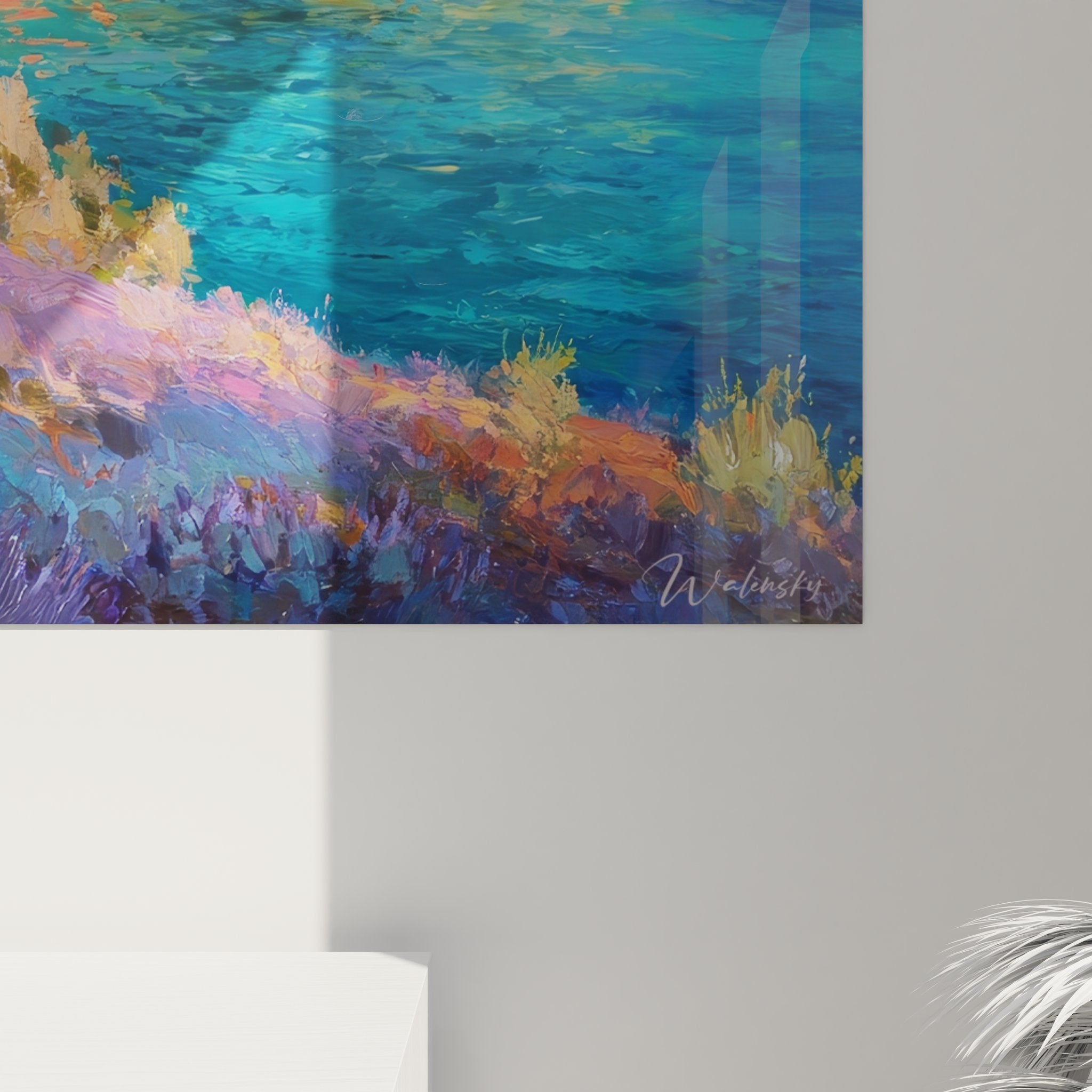 Vue ensemble tableau mural village maritime - art décoratif bord de mer pour intérieur moderne