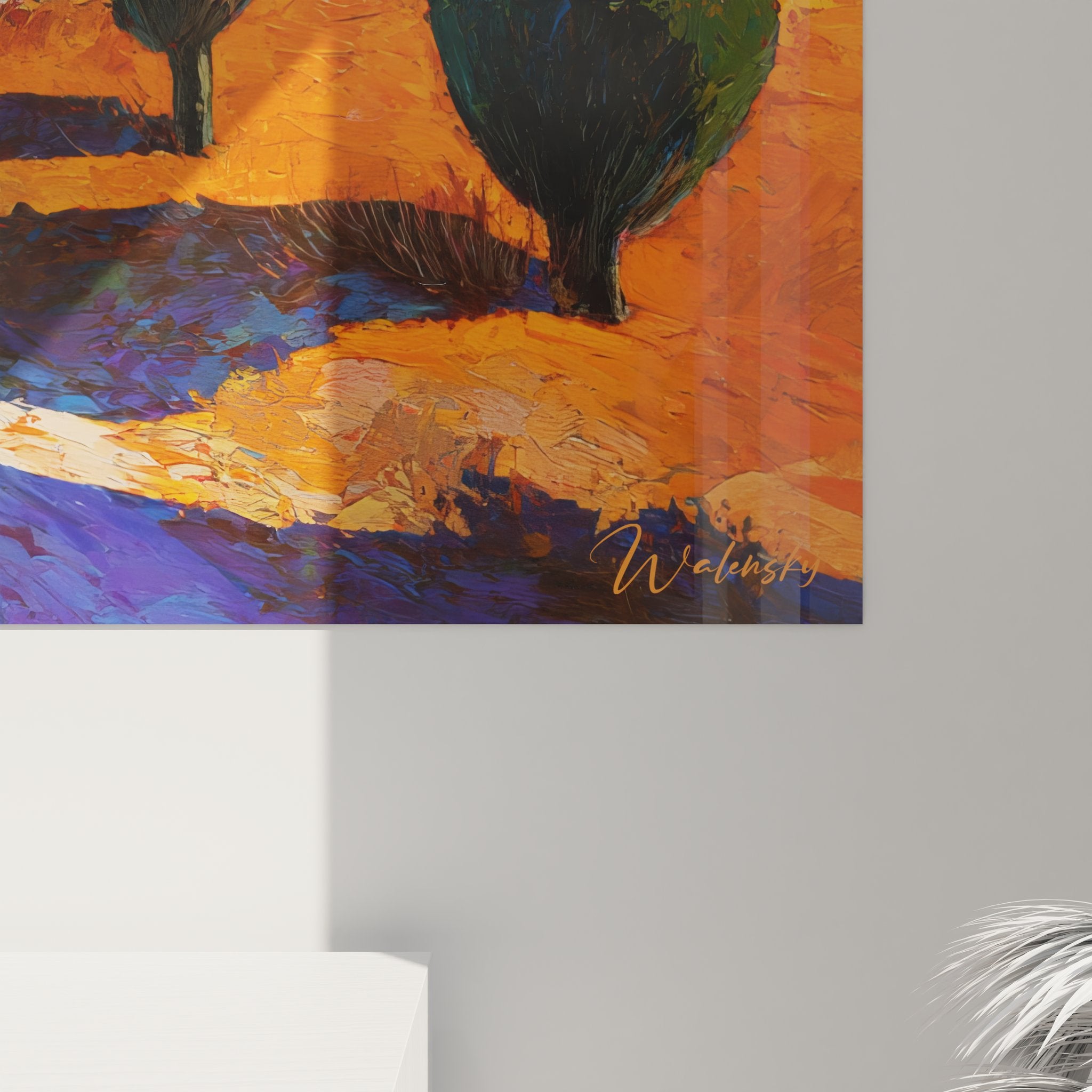 Vue ensemble tableau mural village méditerranéen, décoration campagne avec cyprès et paysage coloré