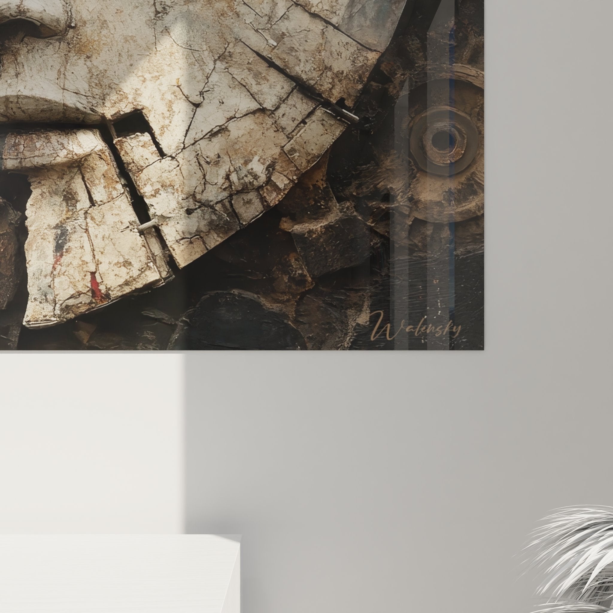 Vue d'ensemble tableau mural décoratif fusion visage humain et machines industrielles engrenages