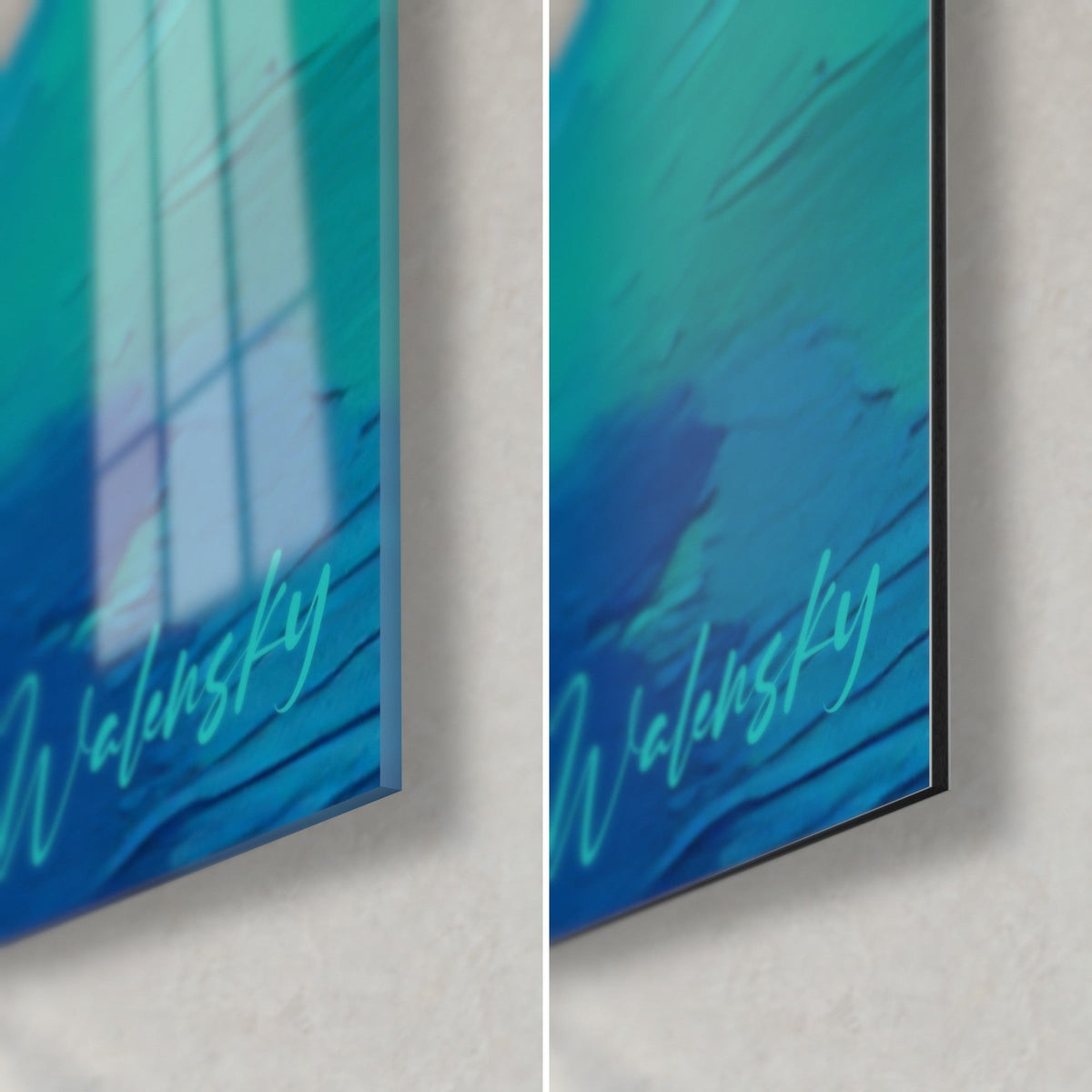 Schilderij zeilboot met crèmekleurig zeil, rechter onderhoek van glanzend glas en mat Dibond-aluminium, dikte 3 mm, handtekening Walensky