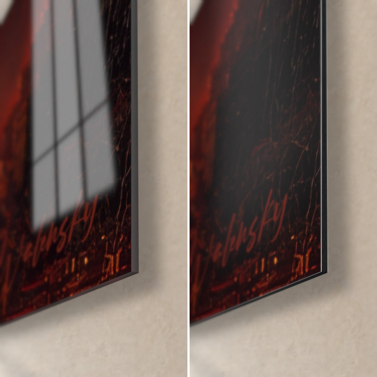 Tableau montagne de feu aux reflets cramoisis, coin bas droit, verre acrylique brillant à gauche, Dibond noir mat à droite, tranche de 3 mm