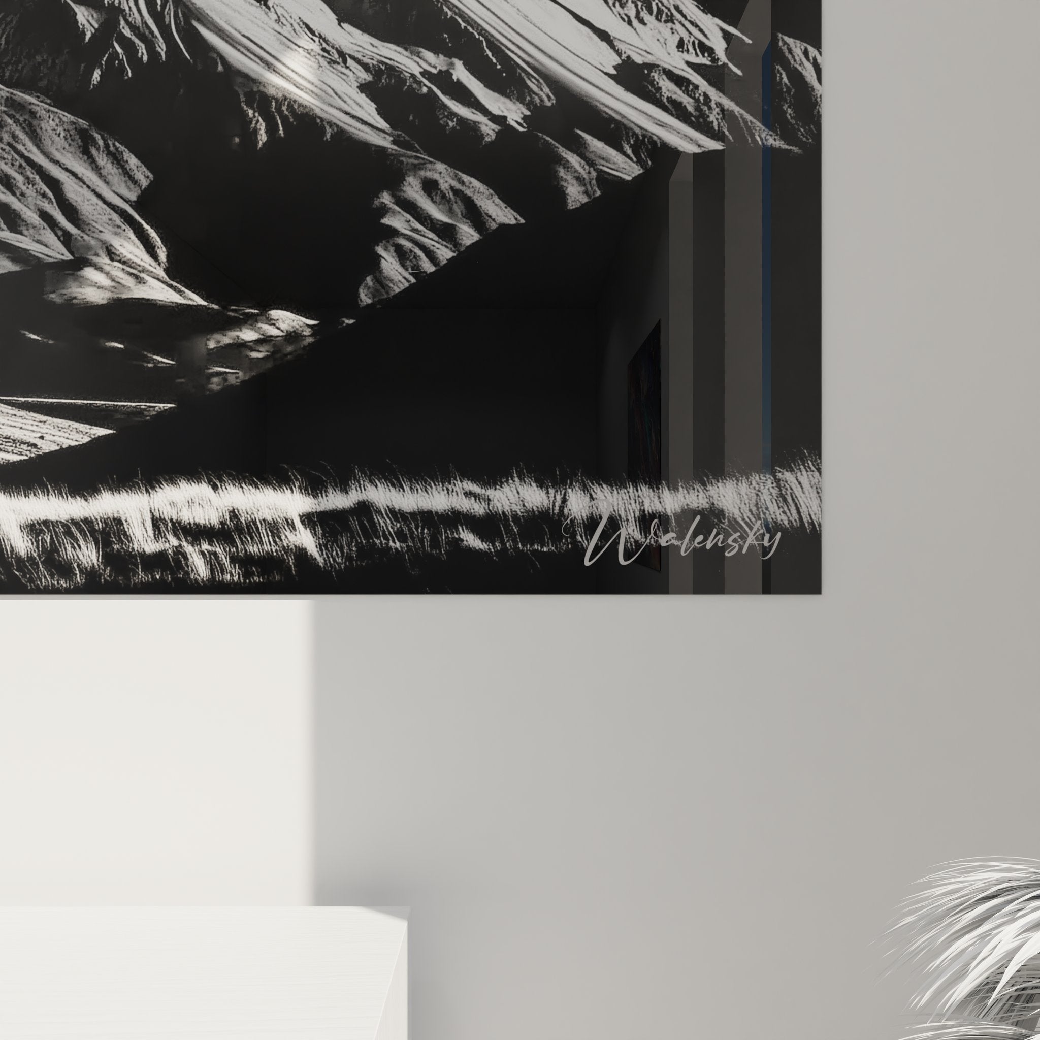 Vue ensemble tableau mural volcan enneigé, art décoratif paysage volcanique monochrome