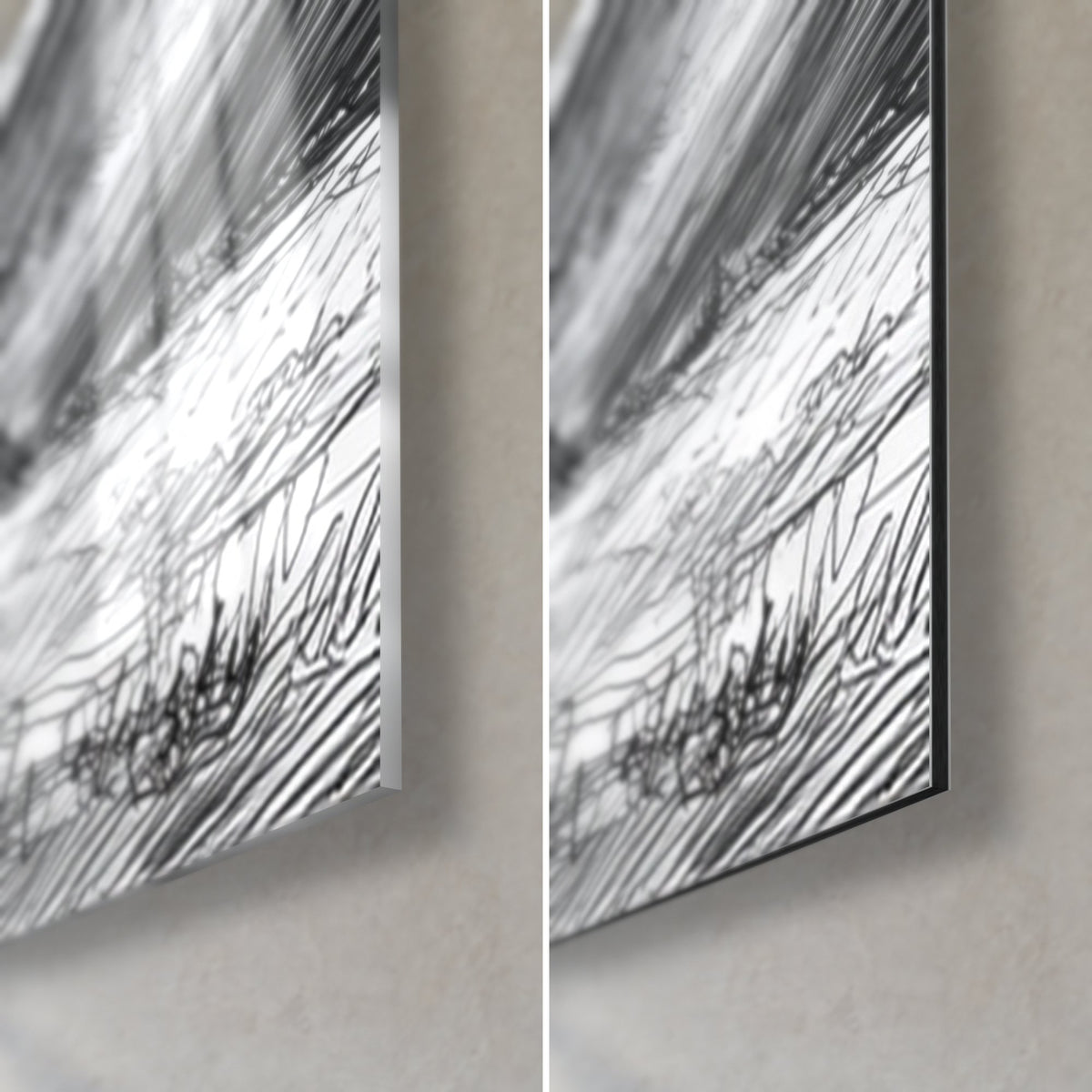 Wall art volcanic cone in black hatching on white, bottom right corner: glossy acrylic glass and matt black Dibond aluminium