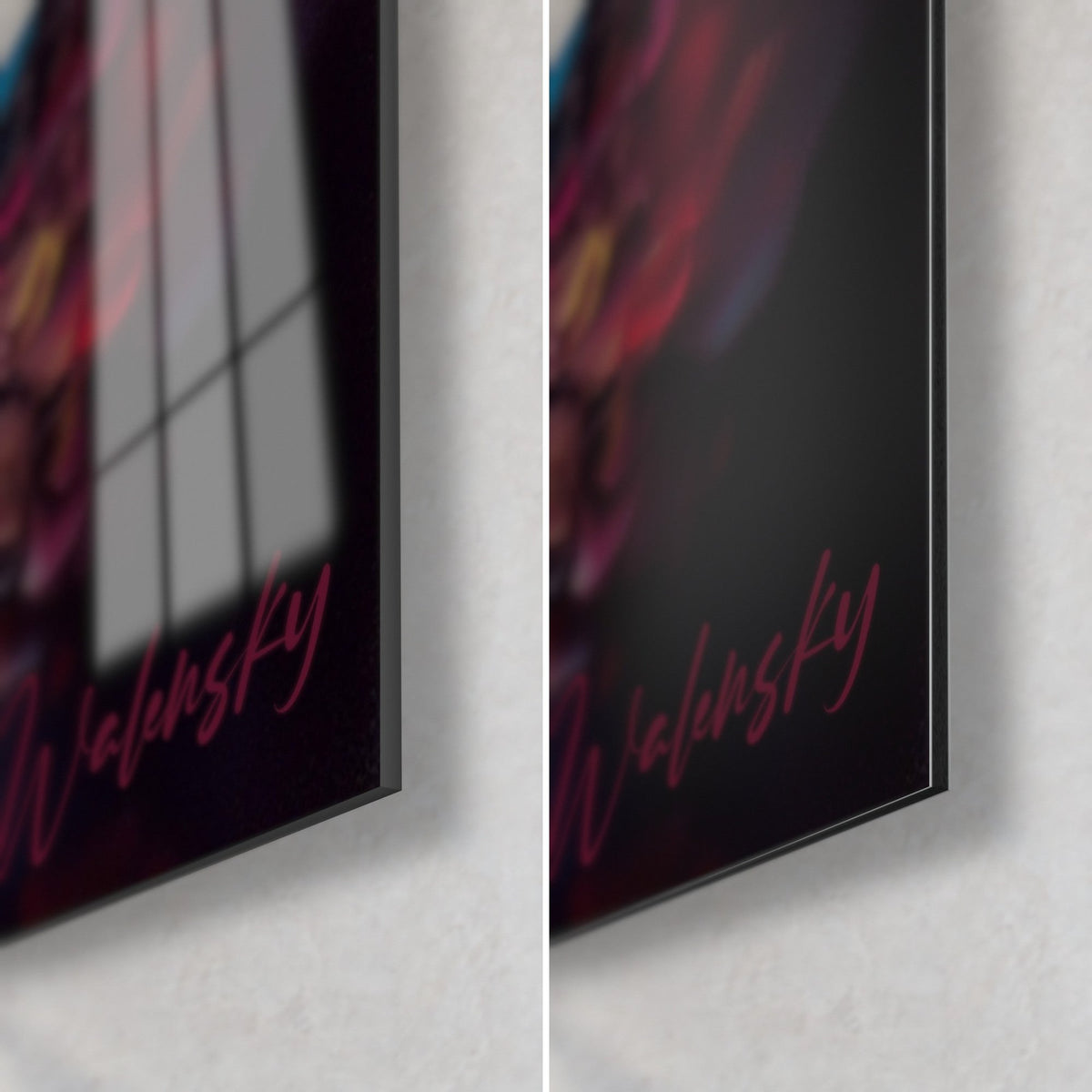 Wall art of a painted smoke plume, bottom right corner in midnight blue and purple, glossy acrylic glass against matte Dibond, 3 mm edge