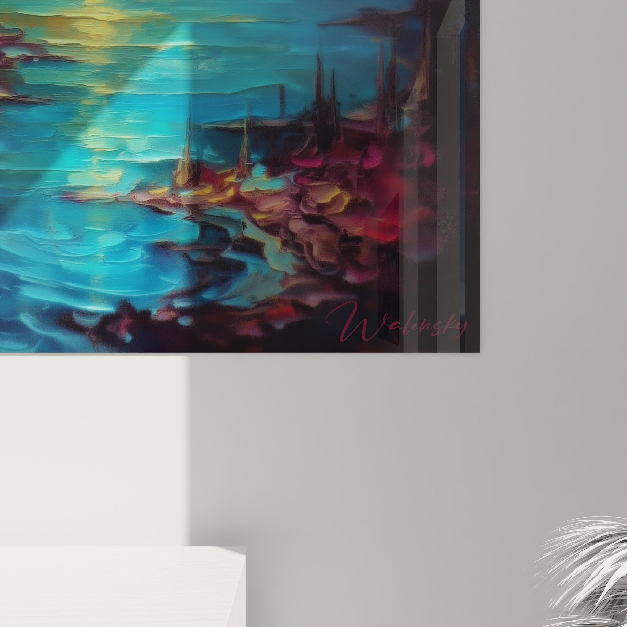 Vue ensemble tableau mural volcan éruption dans intérieur moderne décoré