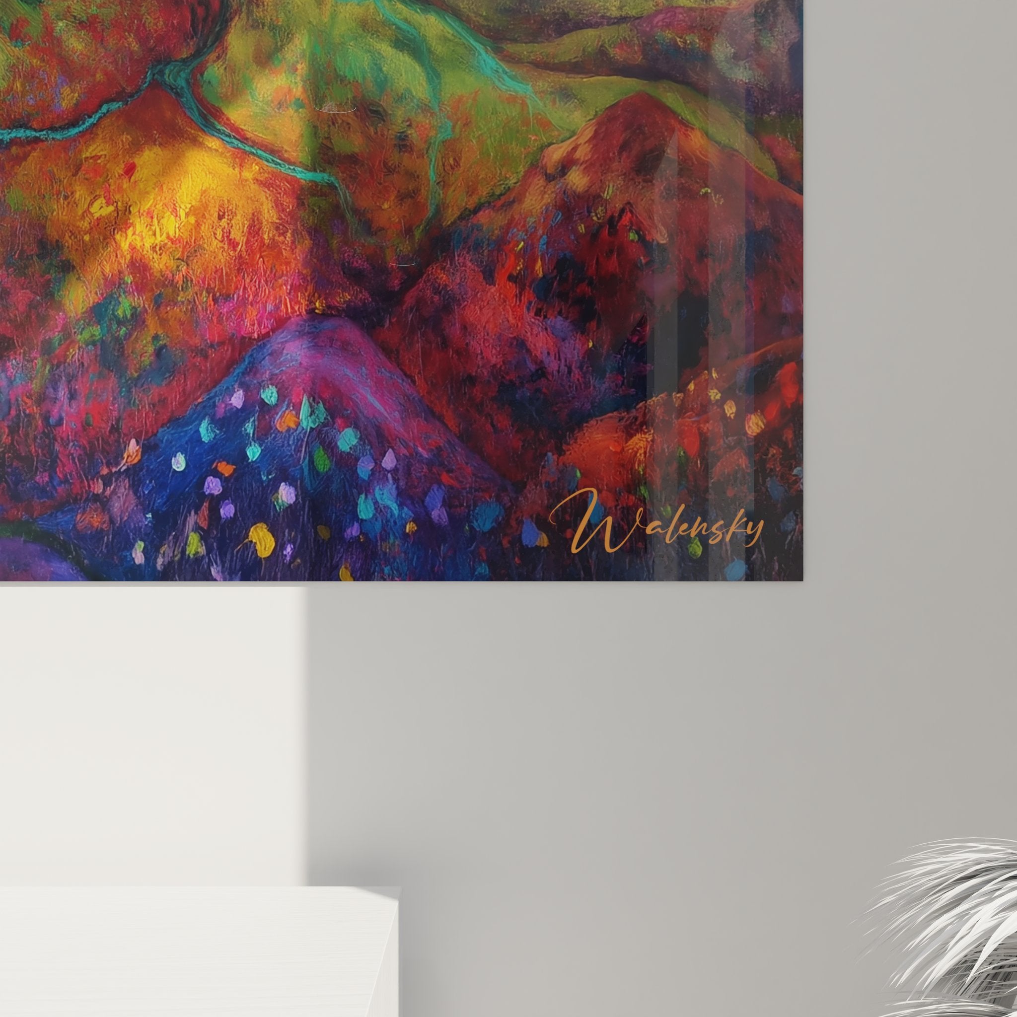 Overview of the volcanic wall art featuring the mountainous landscape with striking colors