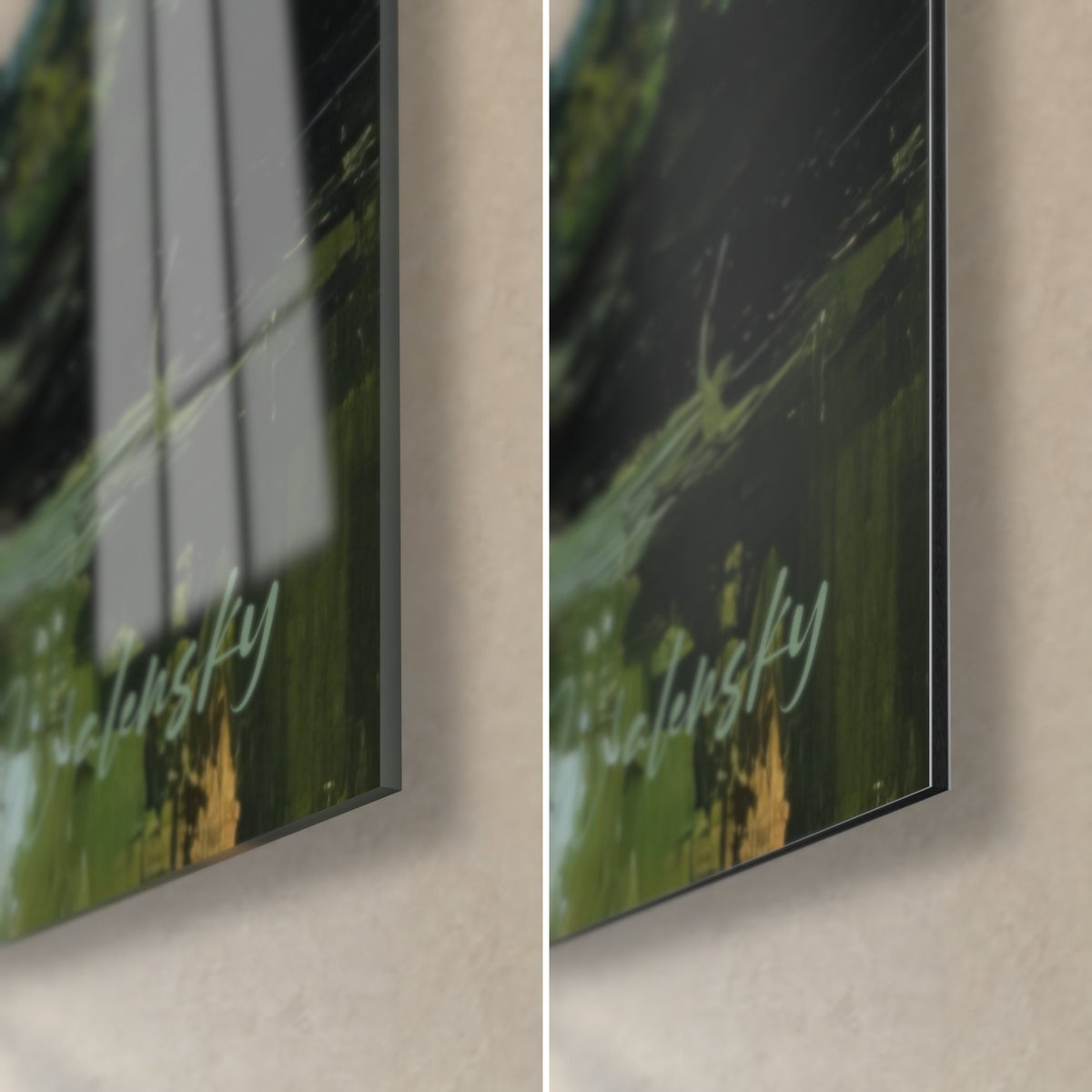 Wall art of an erupting volcano, bottom right corner: glossy glass reflecting the window on the left, matte Dibond on the right, green and gold, 3 mm edge
