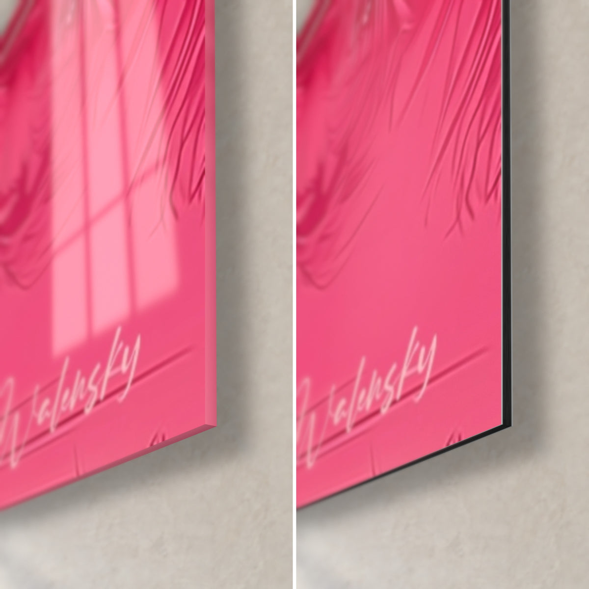 Gemälde rosa Vulkanlandschaft, untere rechte Ecke aus glänzendem Glas und mattschwarzem Aluminium Dibond, weiße Signatur Walensky