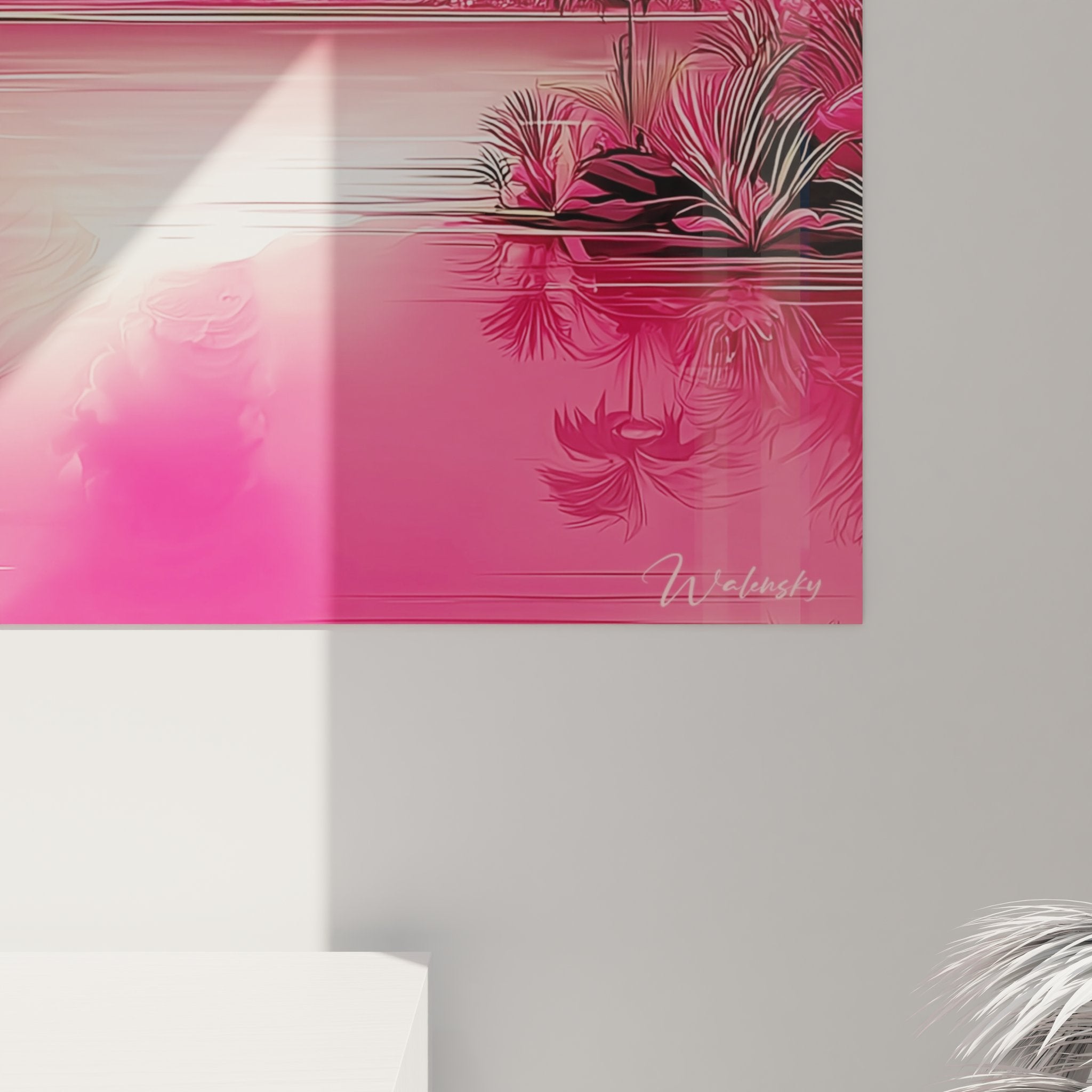 Vue d'ensemble tableau mural volcan rose décoratif style tropical moderne