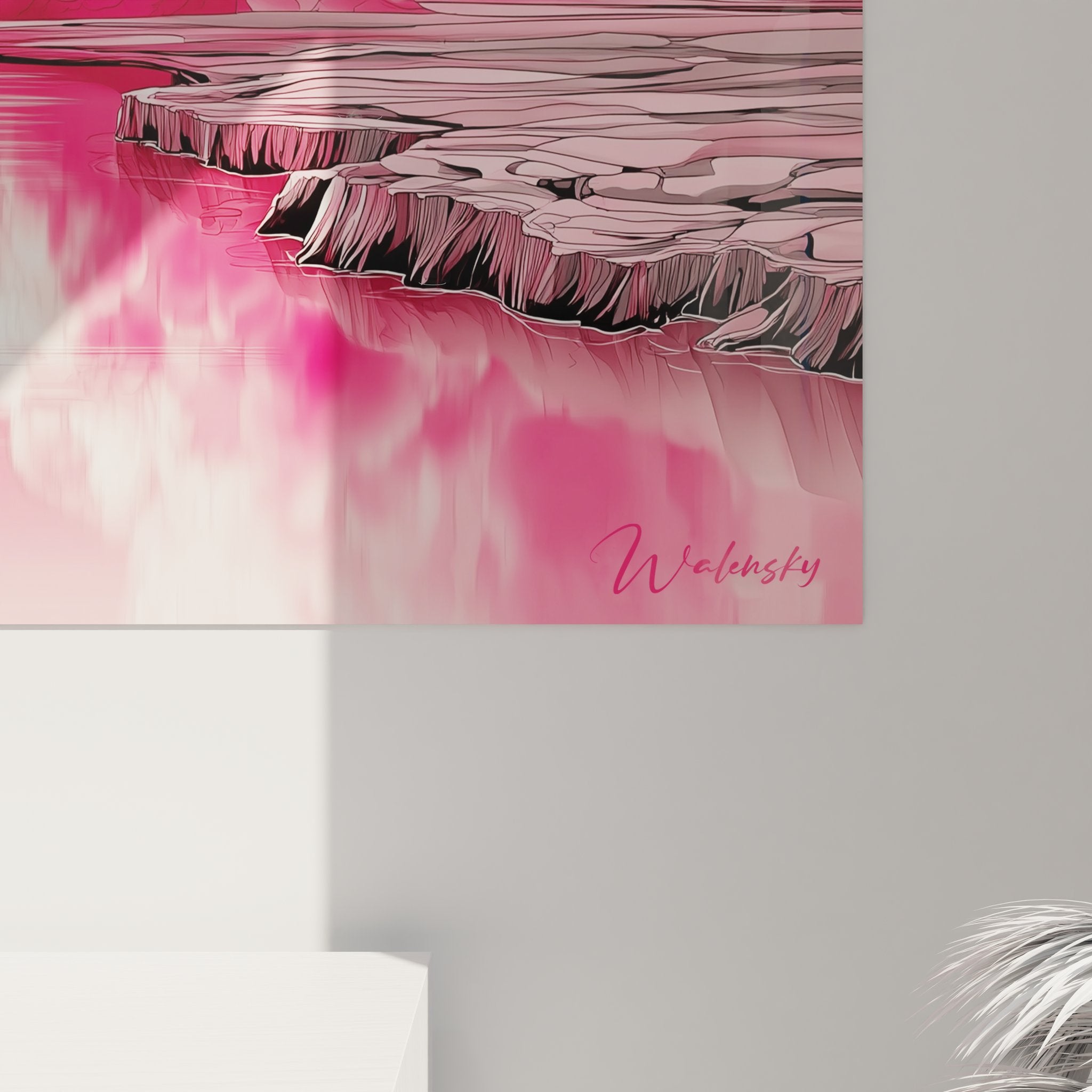 Vue d'ensemble tableau mural éruption volcanique rose dans intérieur contemporain design