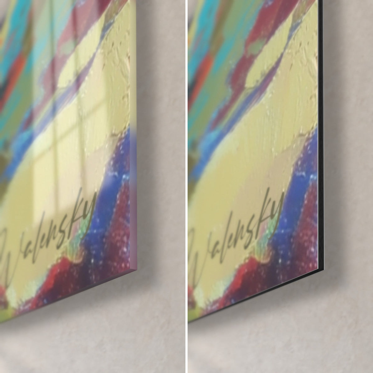 Tableau éruption jaune et rouge, coin bas droit : verre brillant à gauche, alu Dibond mat à droite, tranche de 3 mm