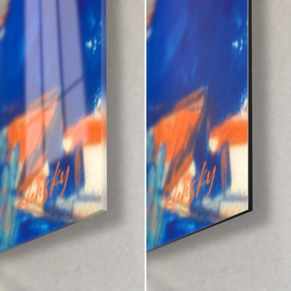 Gemälde verschneiter Berg, Ecke unten rechts aus glänzendem Glas und mattem Alu-Dibond, 3 mm Stärke, Ultramarinblau und Orange