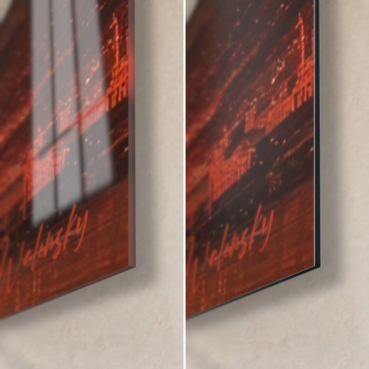Tableau paysage de volcan en fusion, coin bas droit : verre brillant à gauche, alu Dibond mat noir à droite, tranche de 3 mm