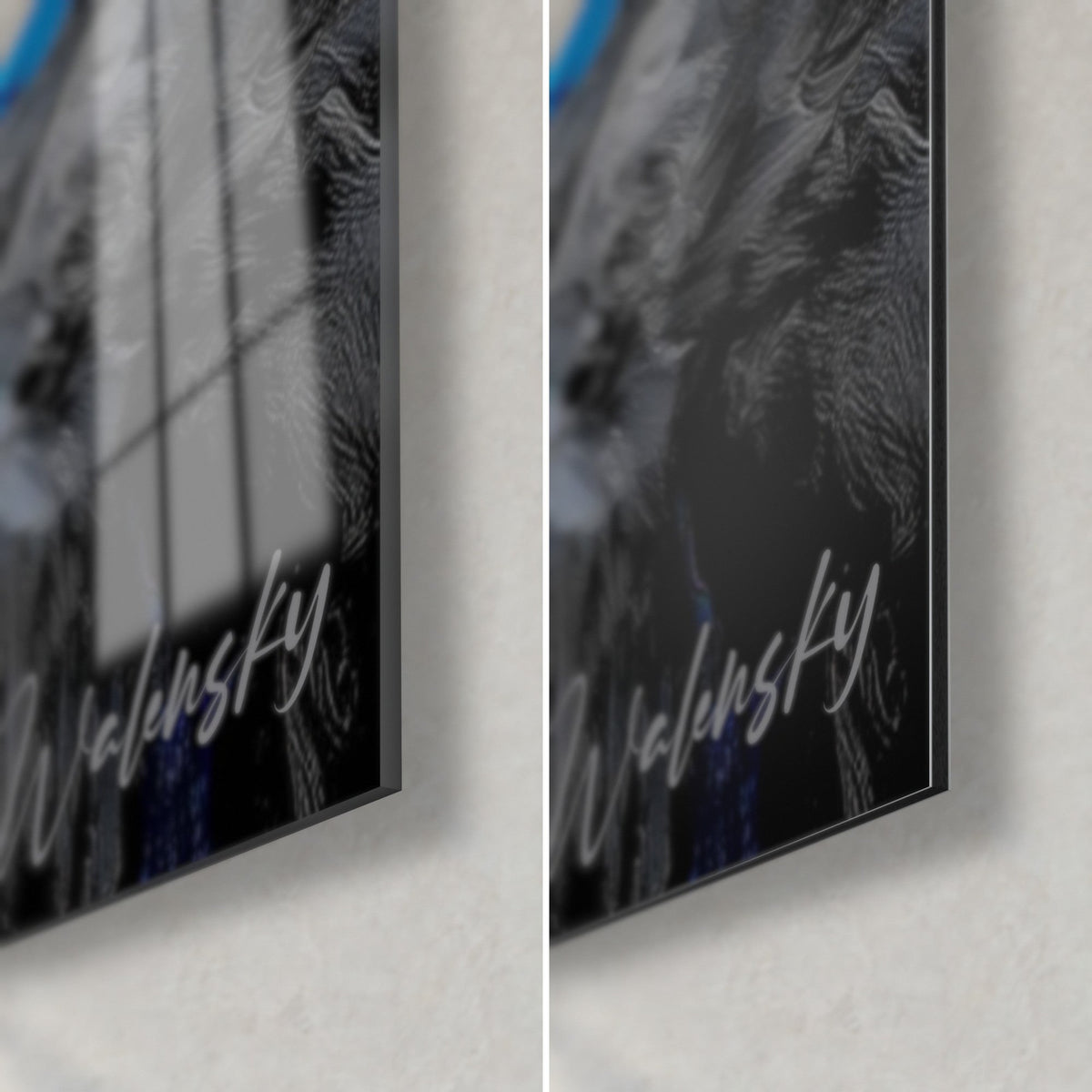 Wall art violet and blue snowy peak, bottom right corner: glossy glass on the left, matte Dibond on the right, 3 mm edge