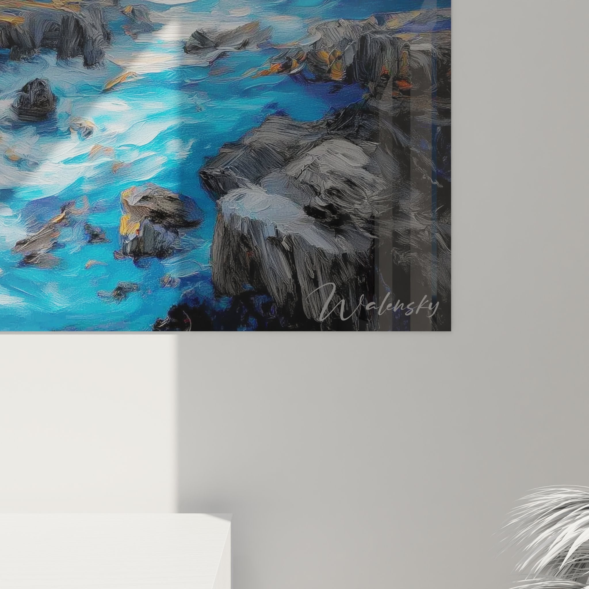 Vue ensemble tableau mural volcanique montagne, composition complète avec ciel dramatique et cours eau