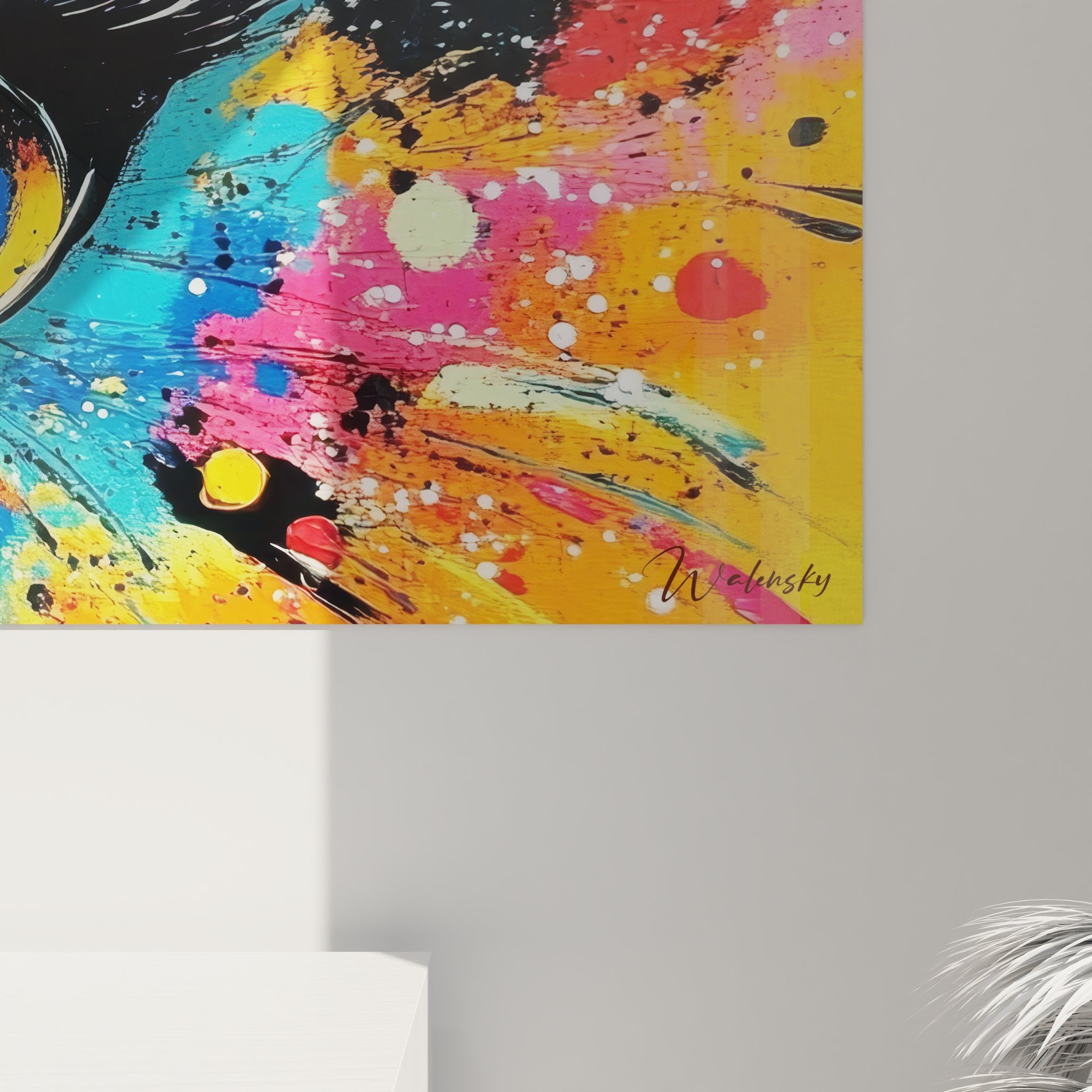Vue ensemble tableau mural yeux abstraits colorés, art contemporain aux couleurs explosives et vibrantes