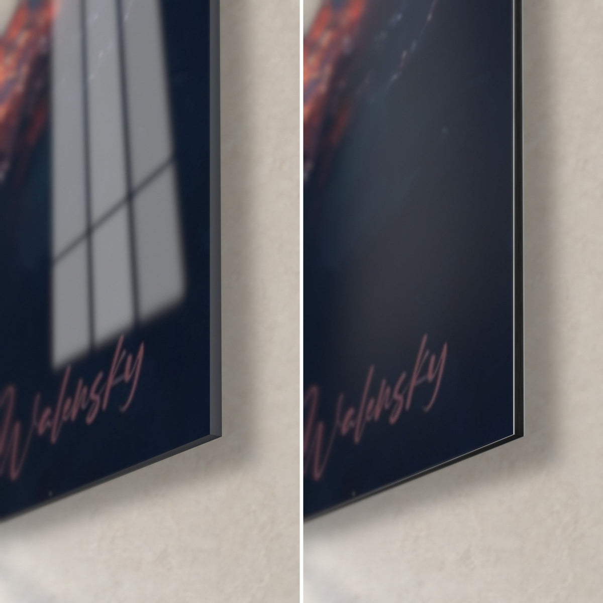Gemälde stellare Eruption in Nachtblau und Rosa, untere rechte Ecke: glänzendes Acrylglas und mattes Dibond-Aluminium, 3 mm Stärke