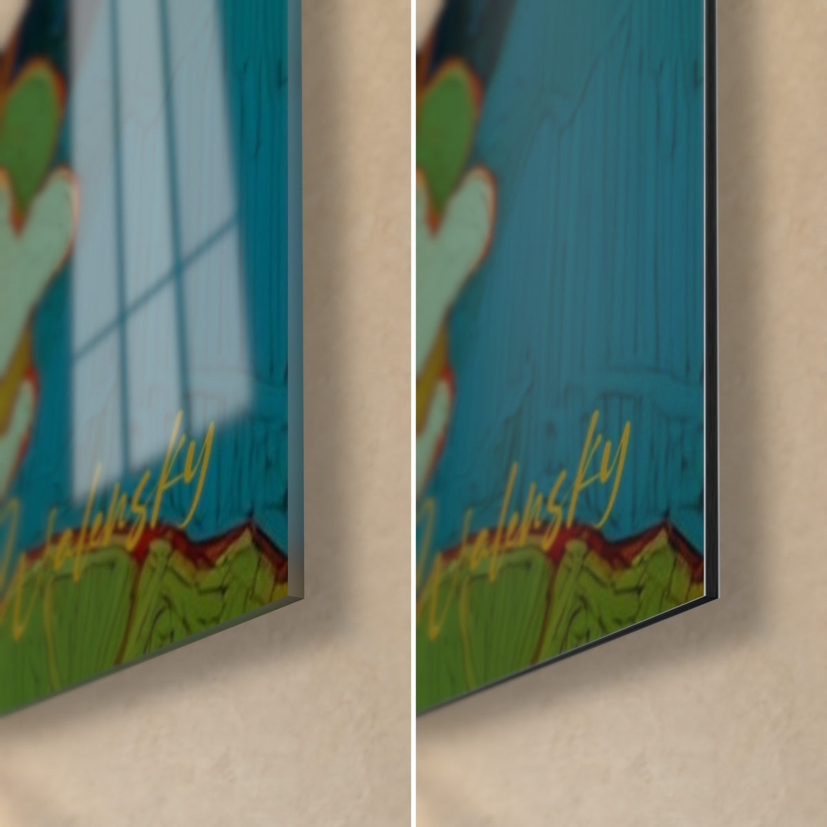 Schilderij met waterlelies in turquoise en groen, rechtsonder: glanzend glas links, mat Dibond rechts, 3 mm dikte