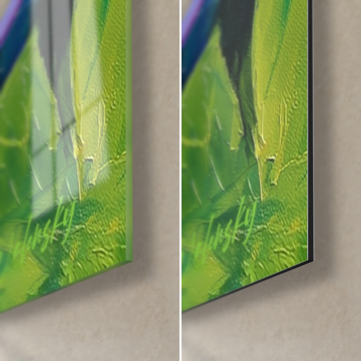 Cuadro lirio de agua, hoja verde ácido en pinceladas gruesas, cristal acrílico brillante y Dibond negro mate, canto de 3 mm