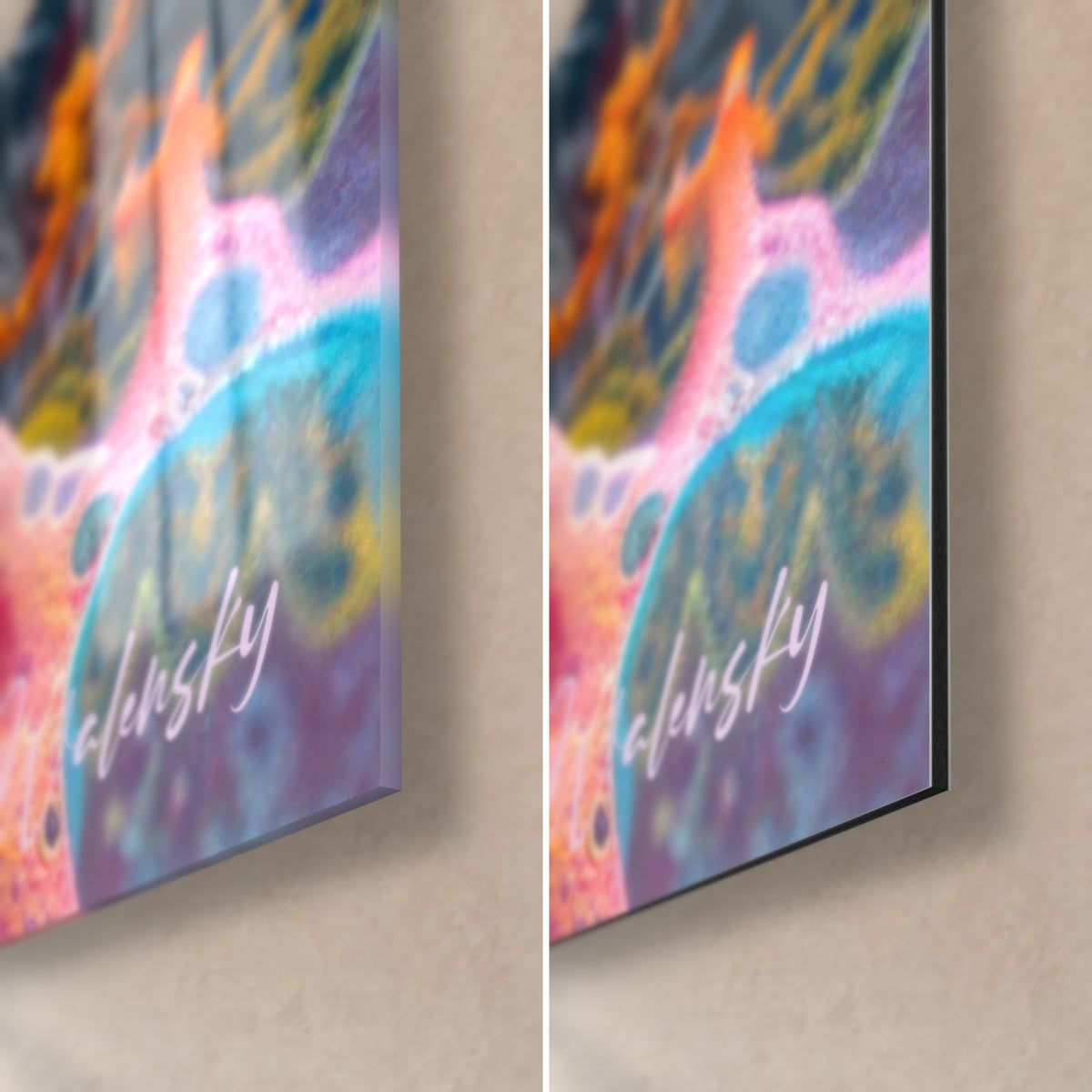 Schilderij gloeiende synapsen in cyaan en roze, rechtsonder: glanzend acrylglas links, mat Dibond rechts, 3 mm rand