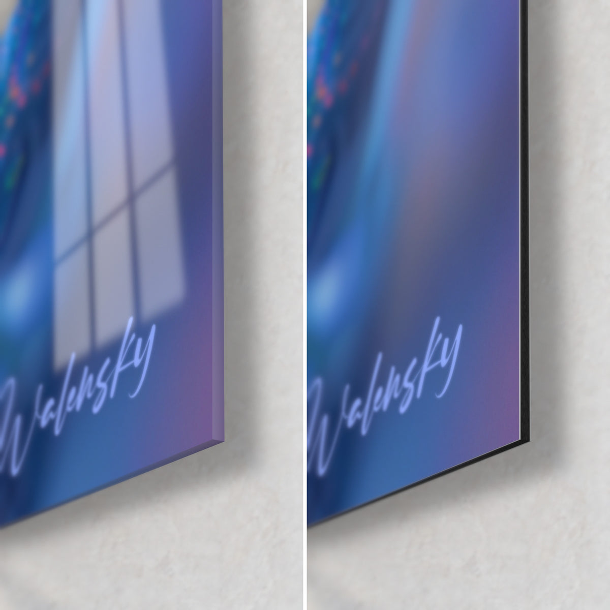 Wall art abstract neural explosion, lower right corner in midnight blue and violet, glossy glass on the left, matte Dibond on the right