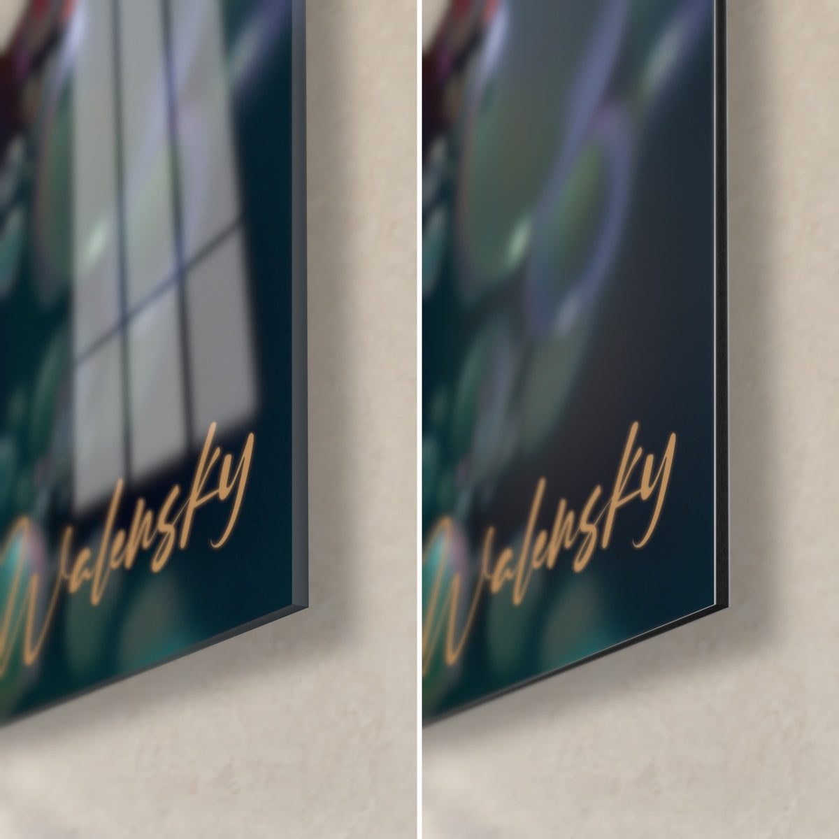 Wall art with a pearl-beaded DNA strand in the bottom right corner, glossy acrylic glass on the left, matte Dibond aluminum on the right, 3 mm edge, gold signature