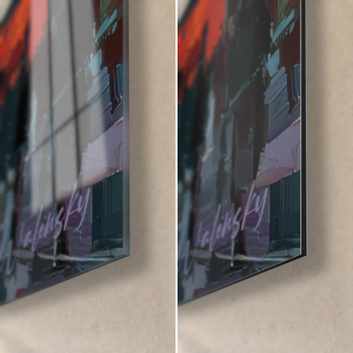 Gemälde einer New Yorker Straße in Spachteltechnik, unten rechts die violette Signatur, glänzendes Glas mit Reflexen, matte schwarze Dibond-Kante