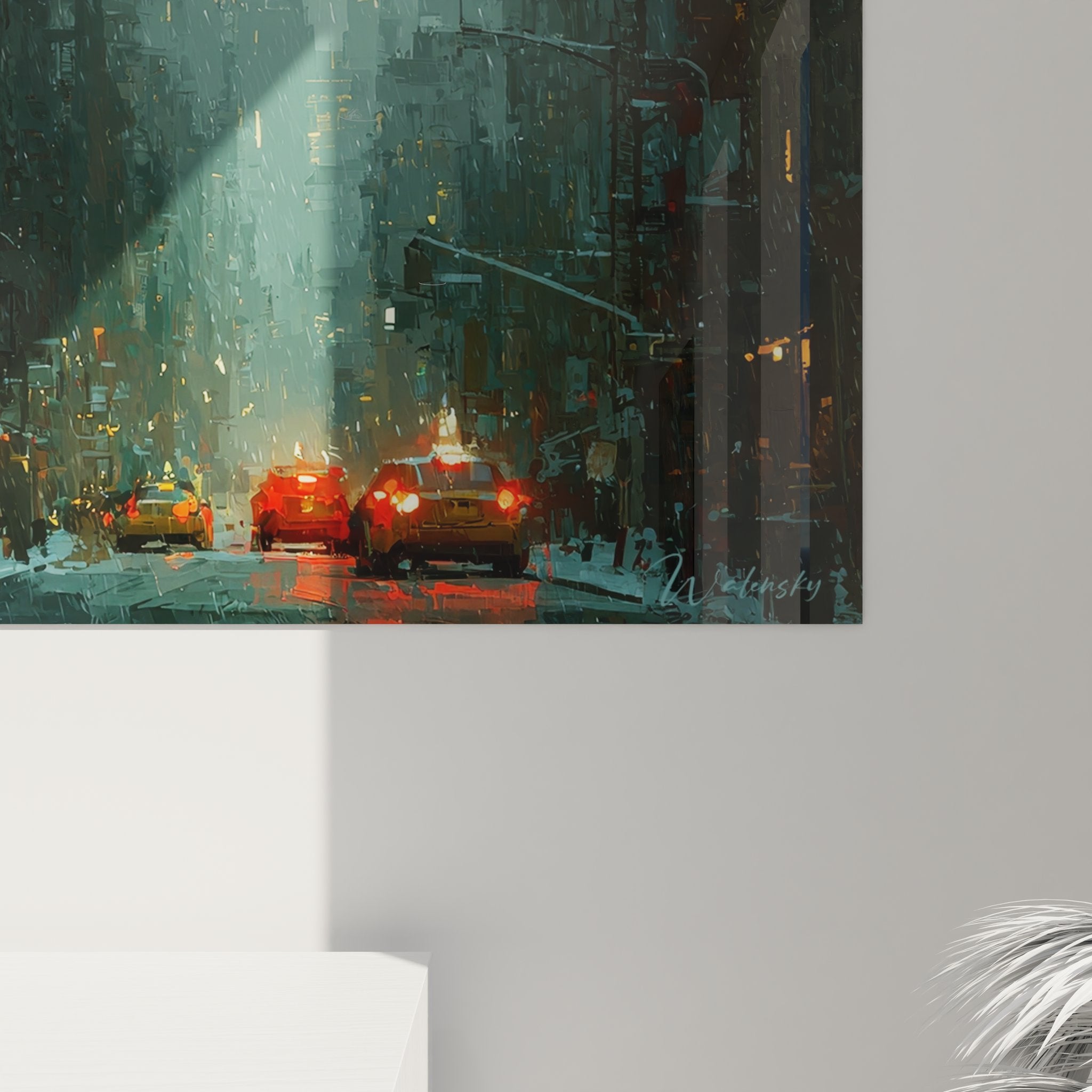 Vue ensemble tableau décoratif New York nocturne sous pluie avec perspective urbaine dramatique