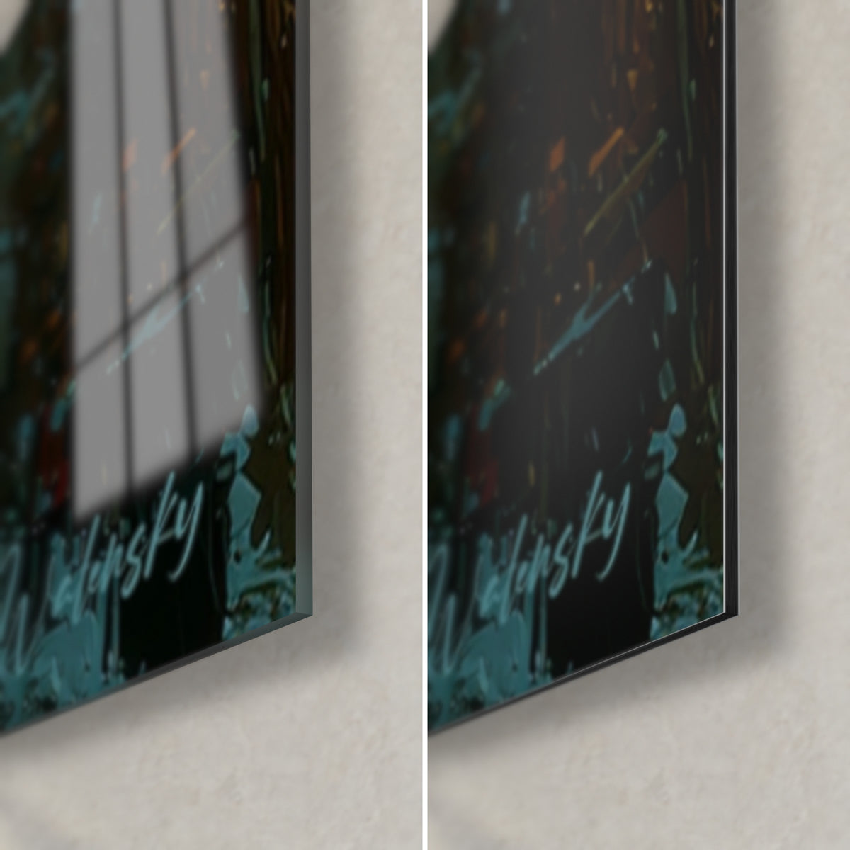 Quadro di una metropoli piovosa, angolo in basso a destra: vetro acrilico lucido con riflessi neri e alluminio Dibond opaco grigio, bordo di 3 mm visibile