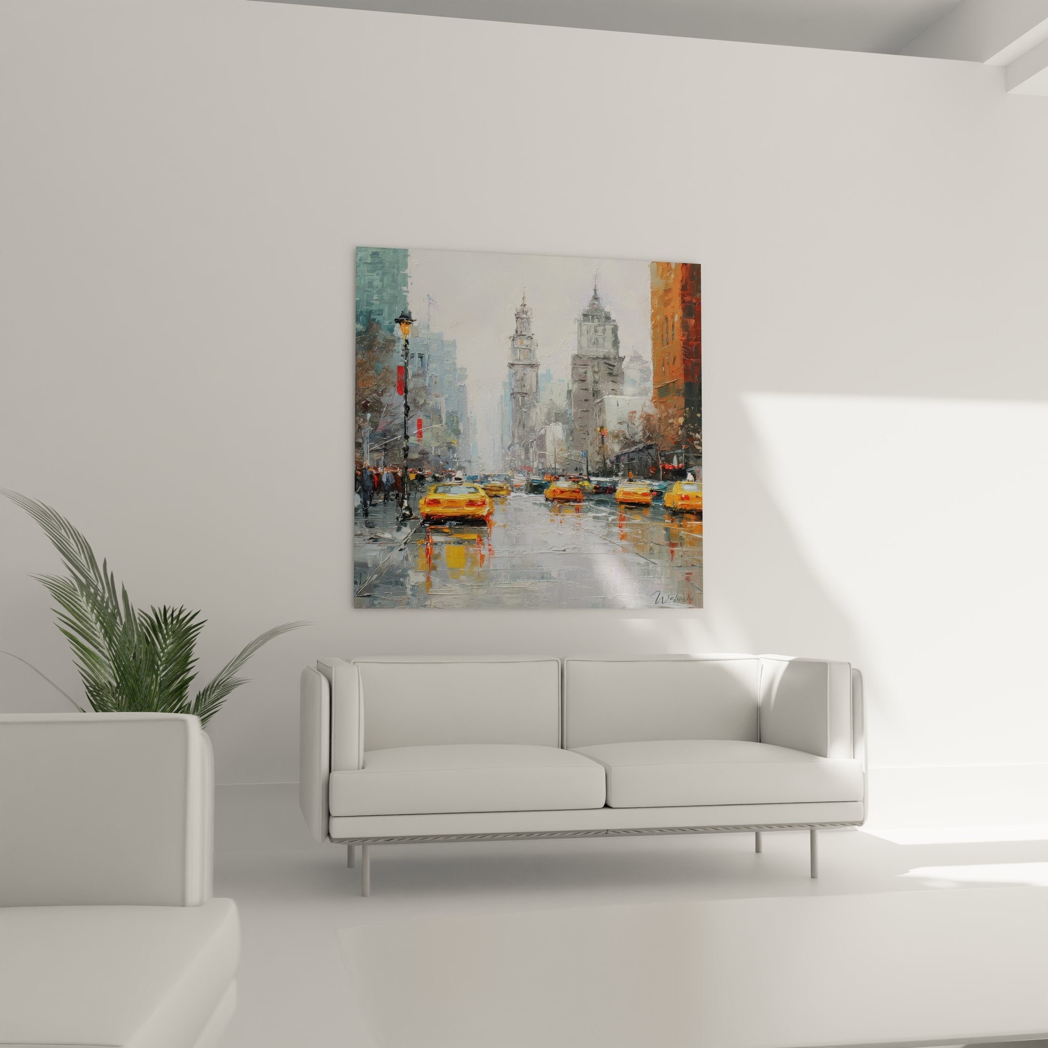 Vue ensemble tableau New York sous pluie art urbain avec gratte-ciel et taxis jaunes décoration murale