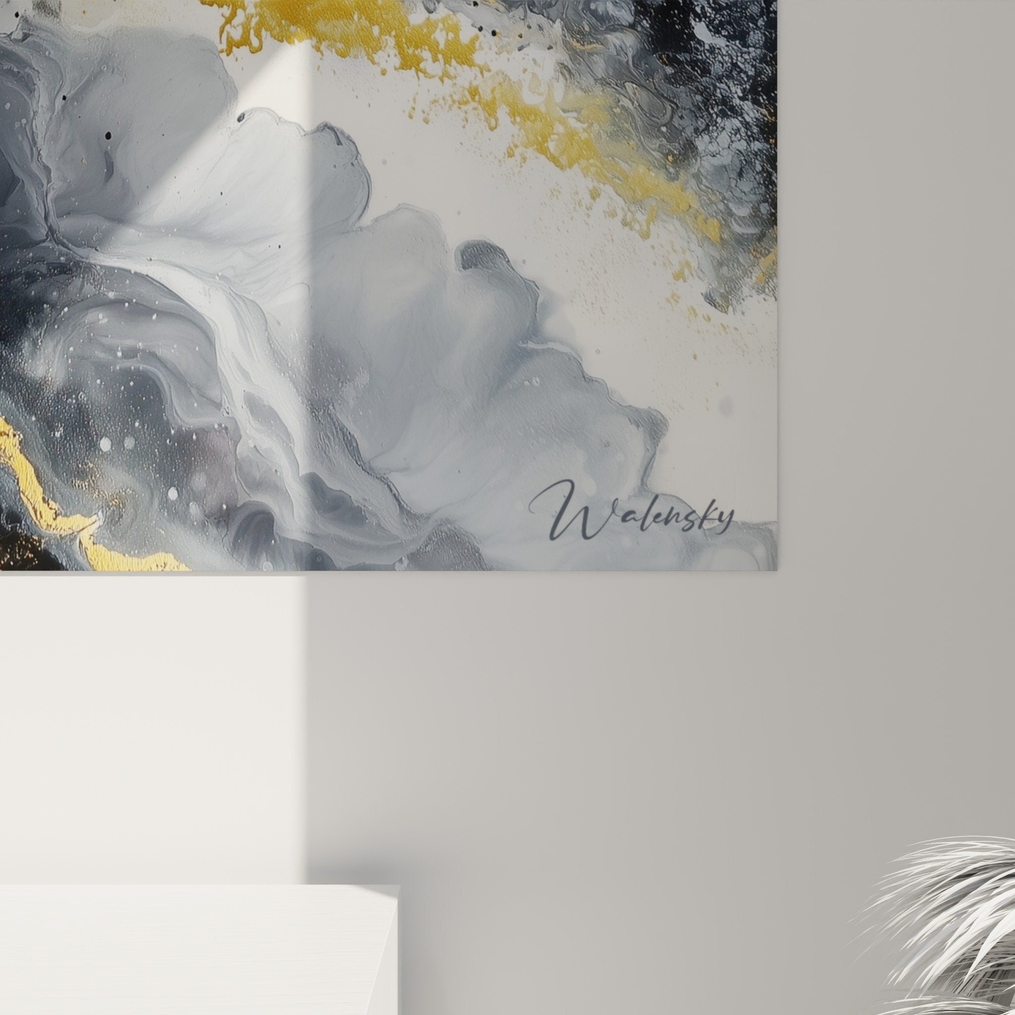 Vue d'ensemble tableau abstrait nuages gris or feng shui nord-ouest metal