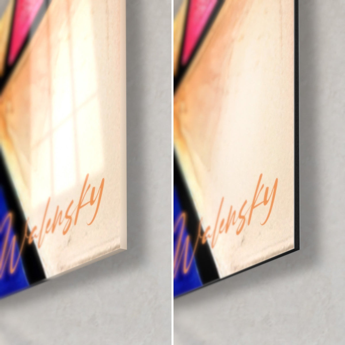 Tableau œil en vitrail, coin bas droit : verre acrylique brillant à gauche, alu Dibond mat à droite, tranche de 3 mm visible