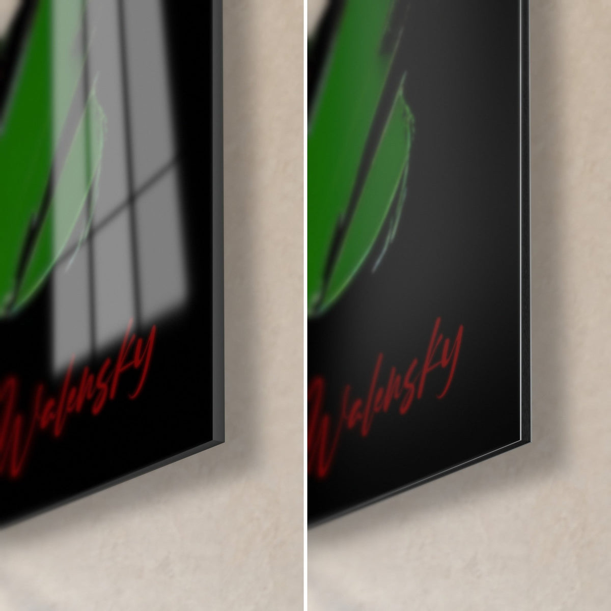 Schilderij Meerkleurige iris in dikke verf, groene en zwarte rechteronderhoek, glanzend glas links, mat Dibond rechts