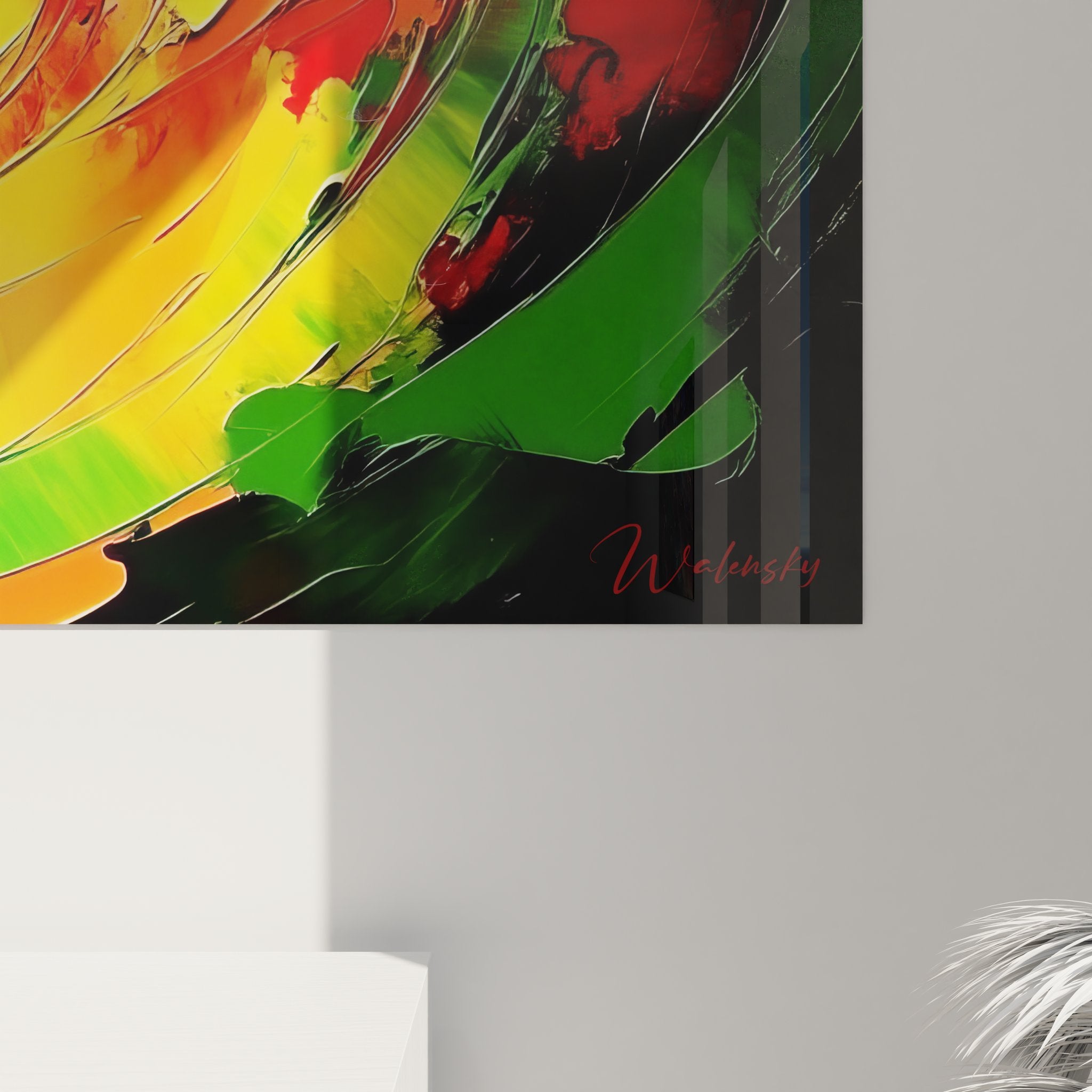 Vue ensemble tableau mural œil abstrait spirale arc-en-ciel décoration artistique contemporaine colorée