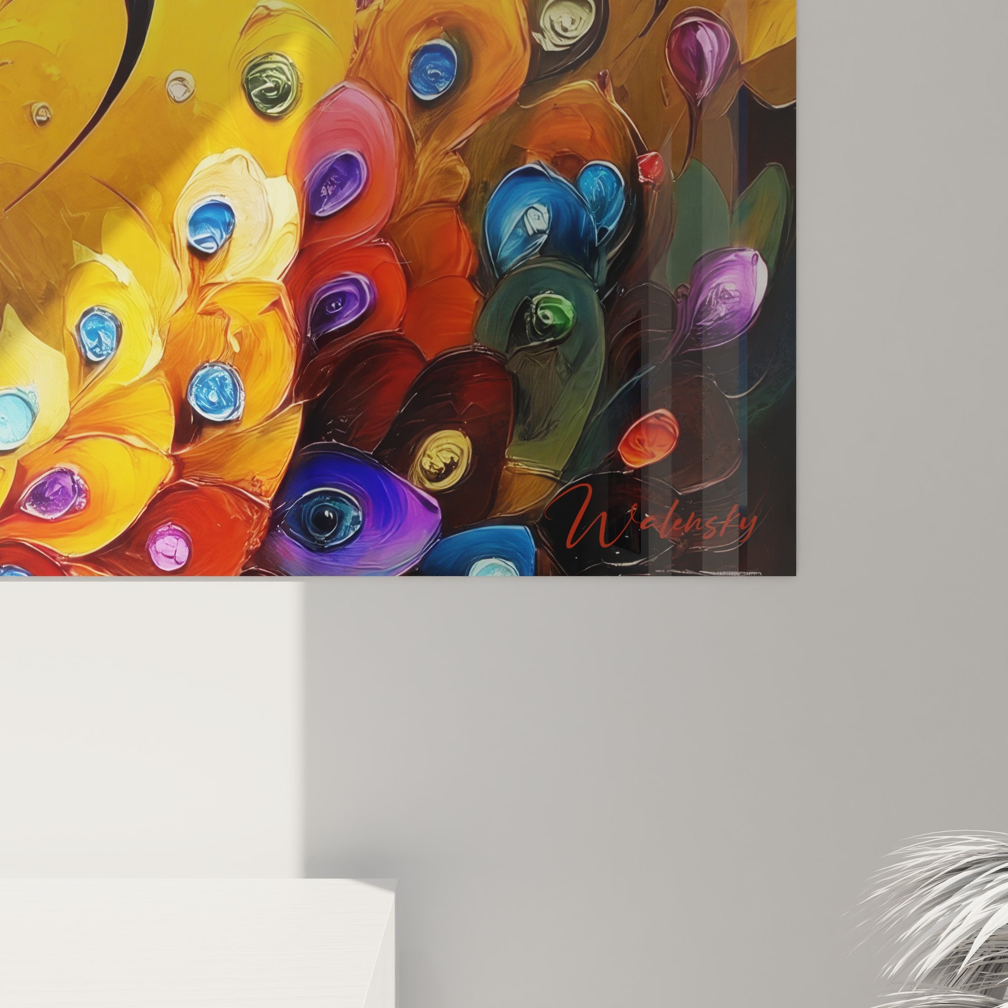 Vue ensemble tableau oiseau spirale plumes colorées art mural abstrait décoration moderne