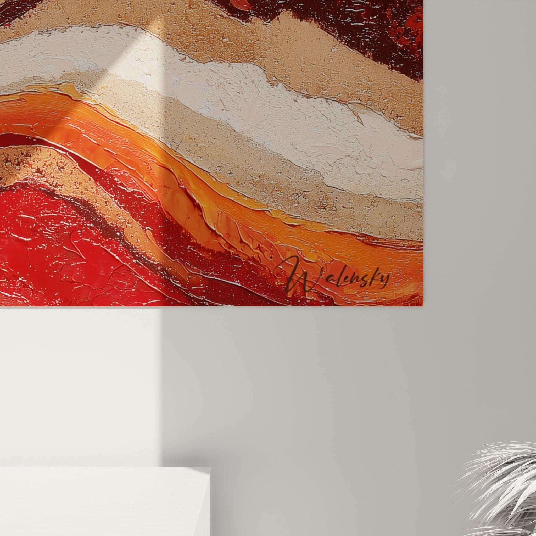 Vue d'ensemble tableau mural abstrait ondulations orangées rouges feng shui centre terre déco intérieur