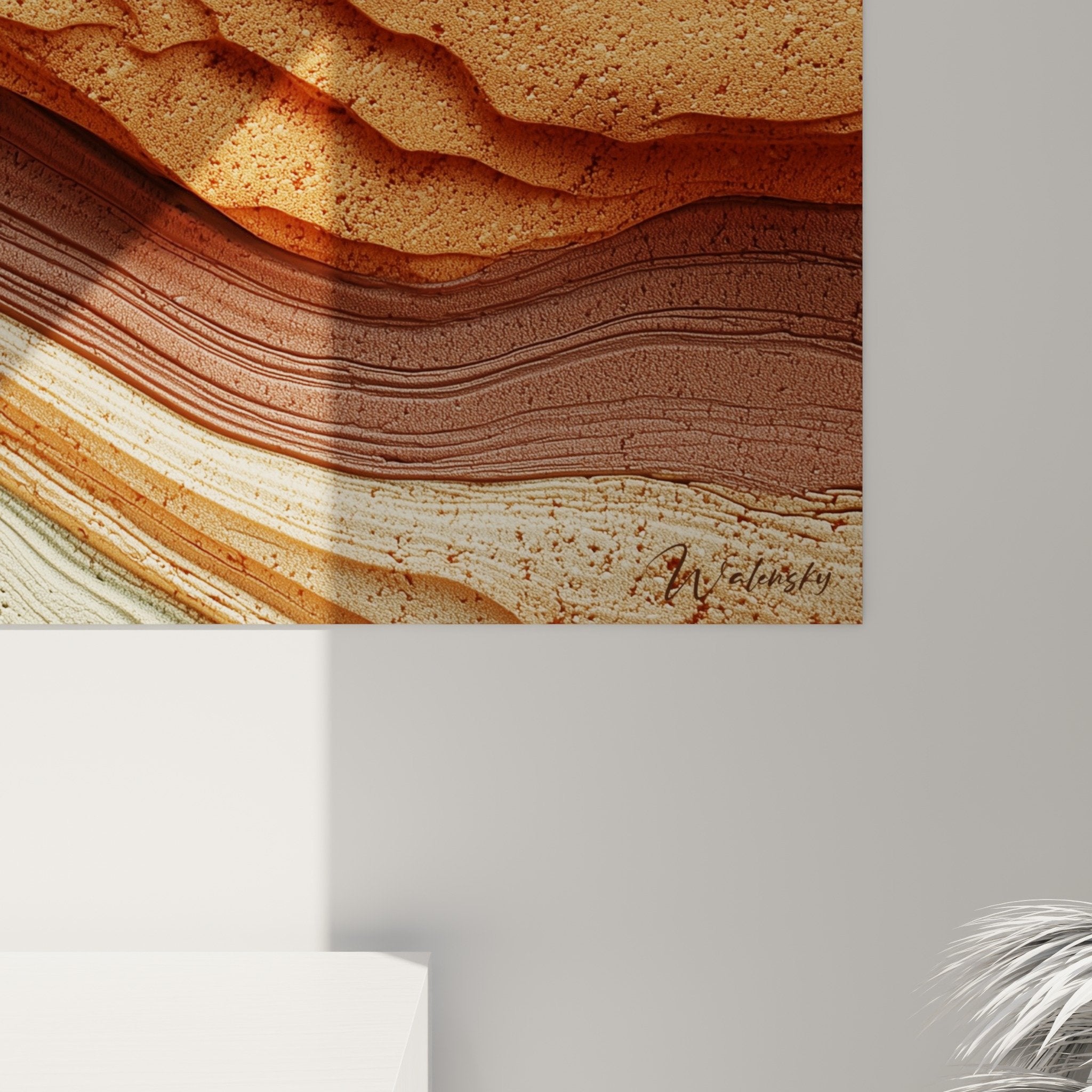 Vue ensemble tableau ondulations fluides salon moderne déco harmonieuse feng shui terre couleurs naturelles