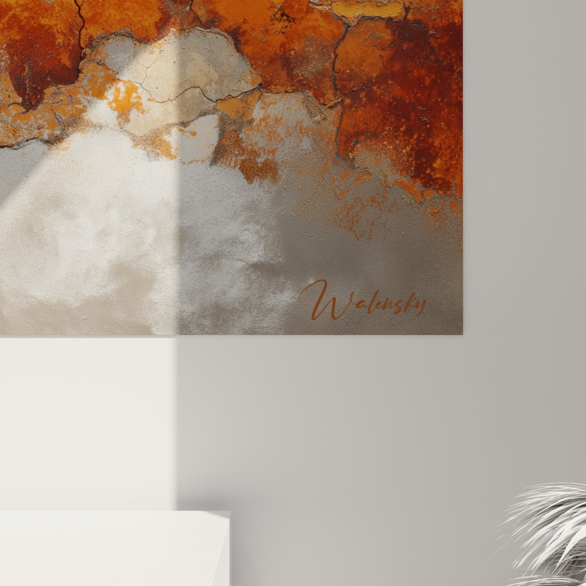 Overview of abstract wall art in earthy orange and beige crackle tones feng shui earth center decor