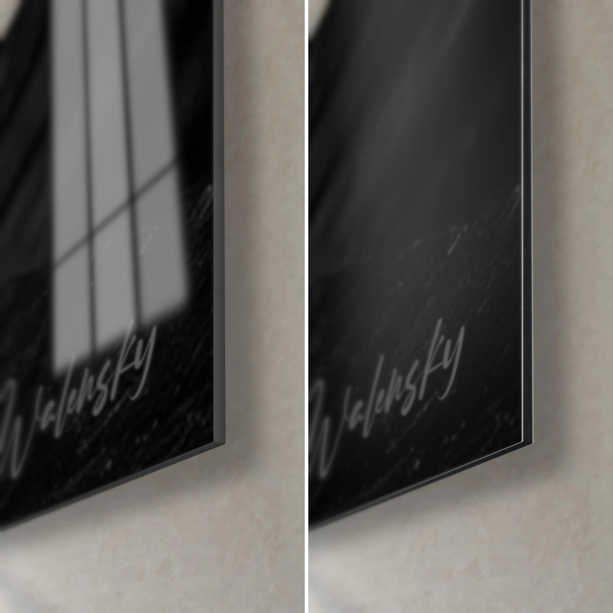 Schilderij witte plantigrade, rechtsonder: zilveren Walensky-signatuur, glanzend glas en mat zwart Dibond, rand van 3 mm