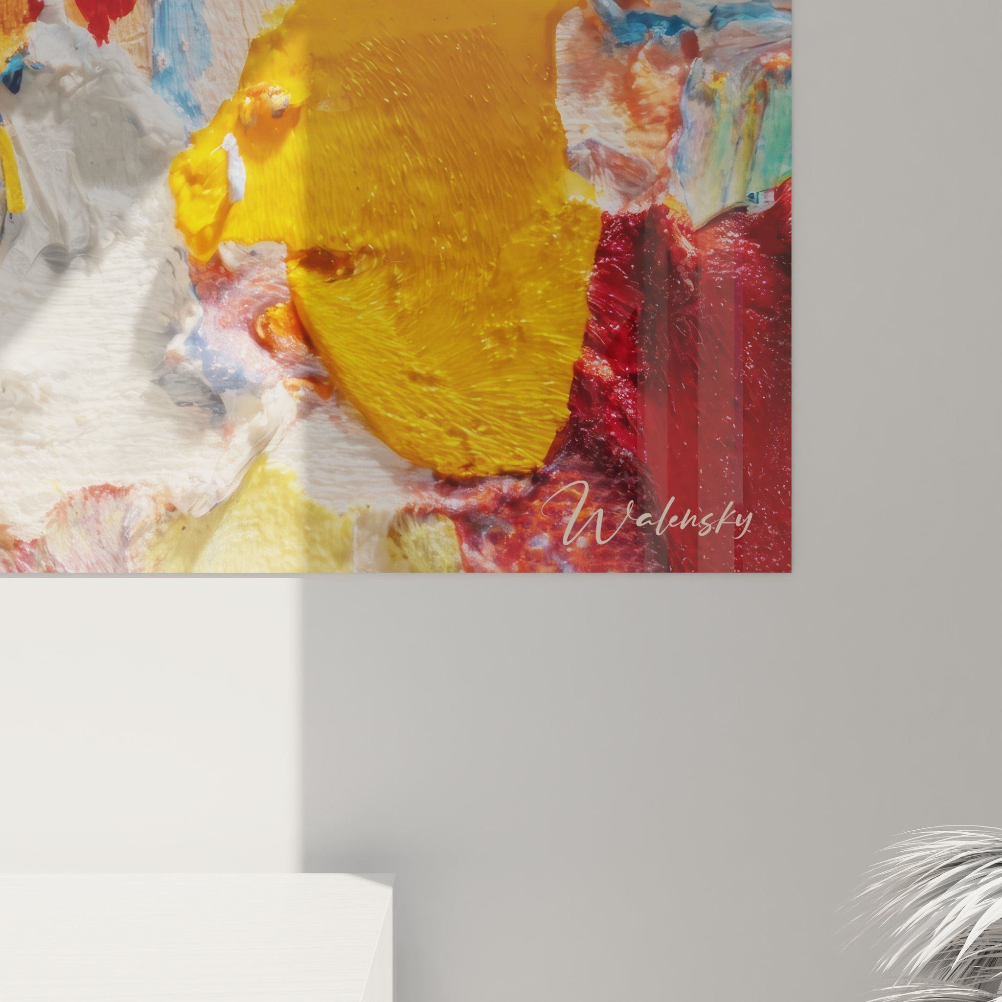 Vue ensemble tableau palette peinture abstraite mural, composition colorée art contemporain déco